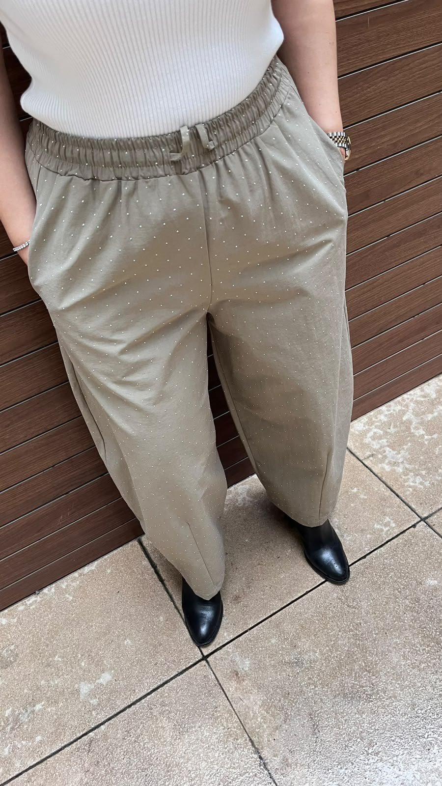 Beli Lastikli Taşlı Şalvar Pantolon (Vizon)