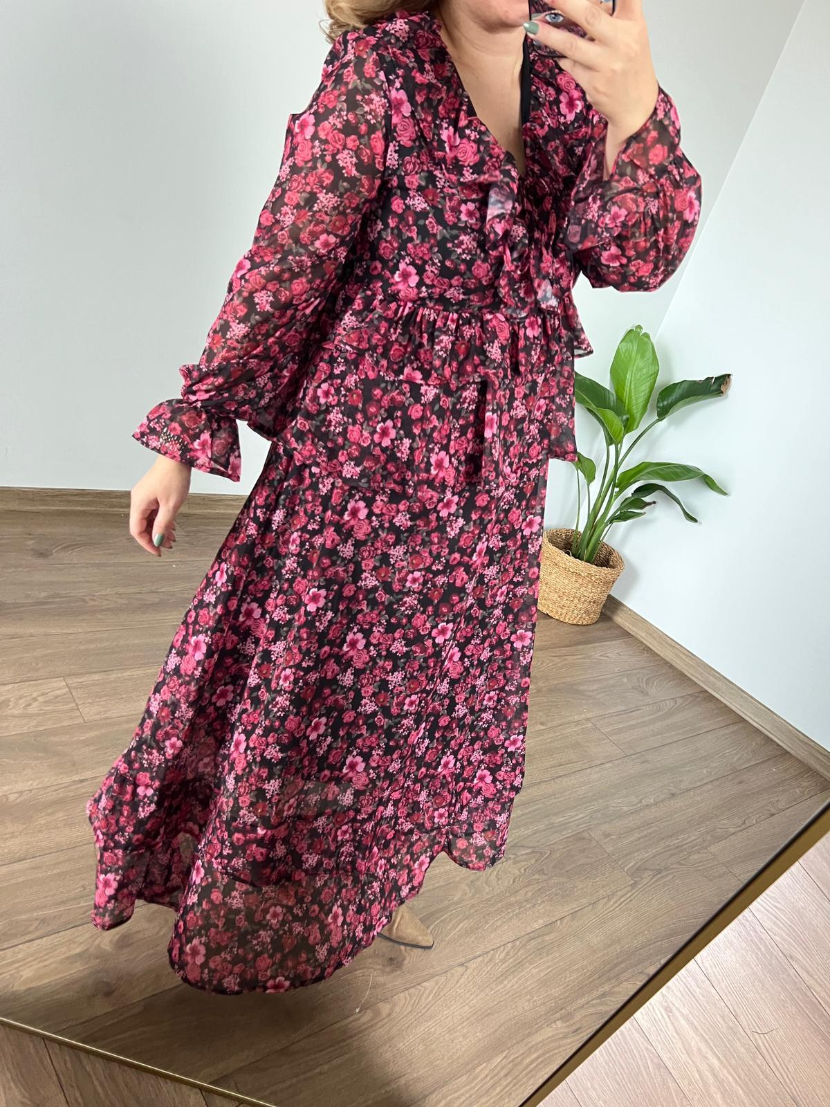 Çiçek desen fırfır detaylı maxi şifon elbise ( pembe )  