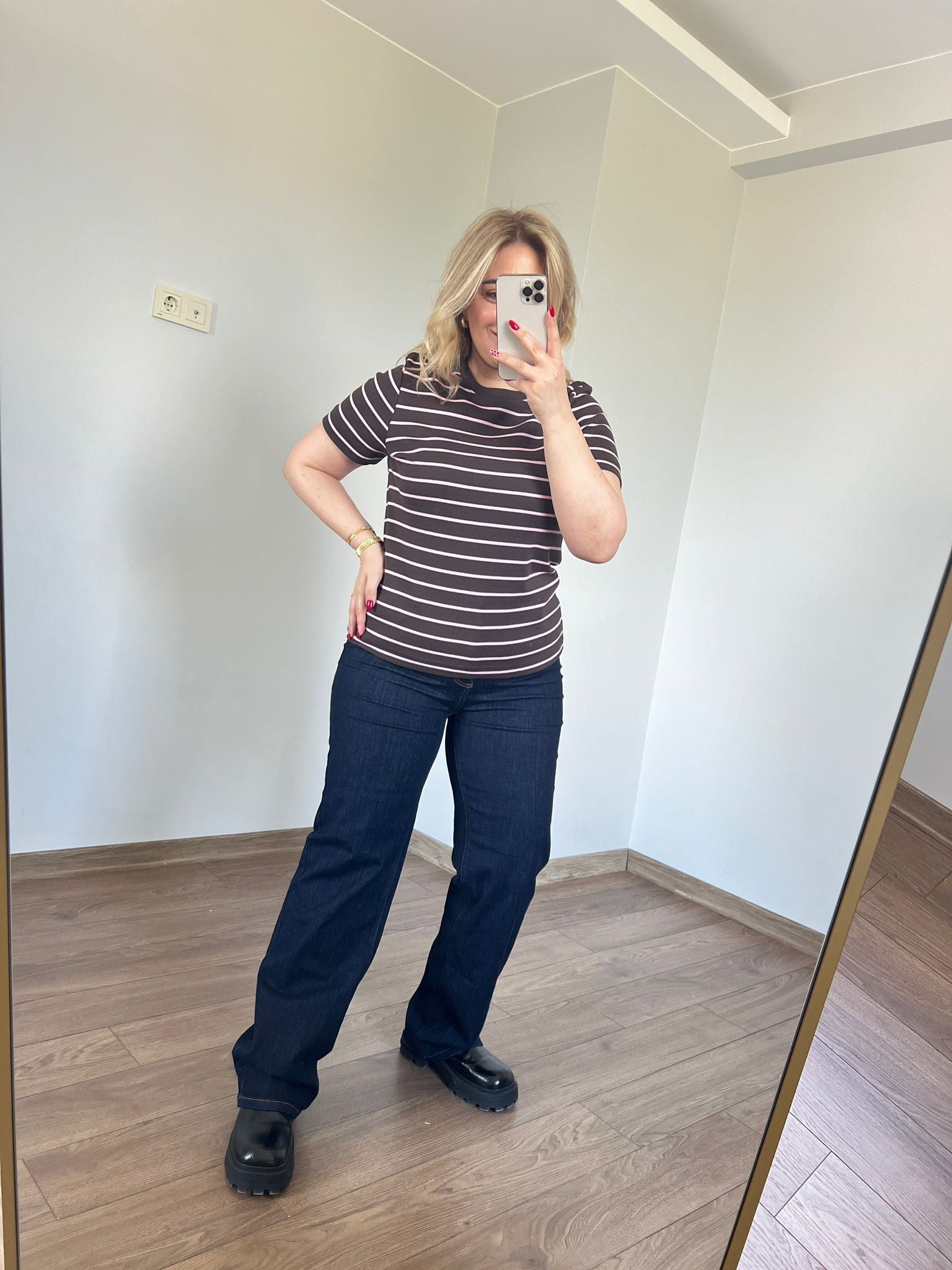 Çizgili Basic Tshirt (Kahve-Pembe) 