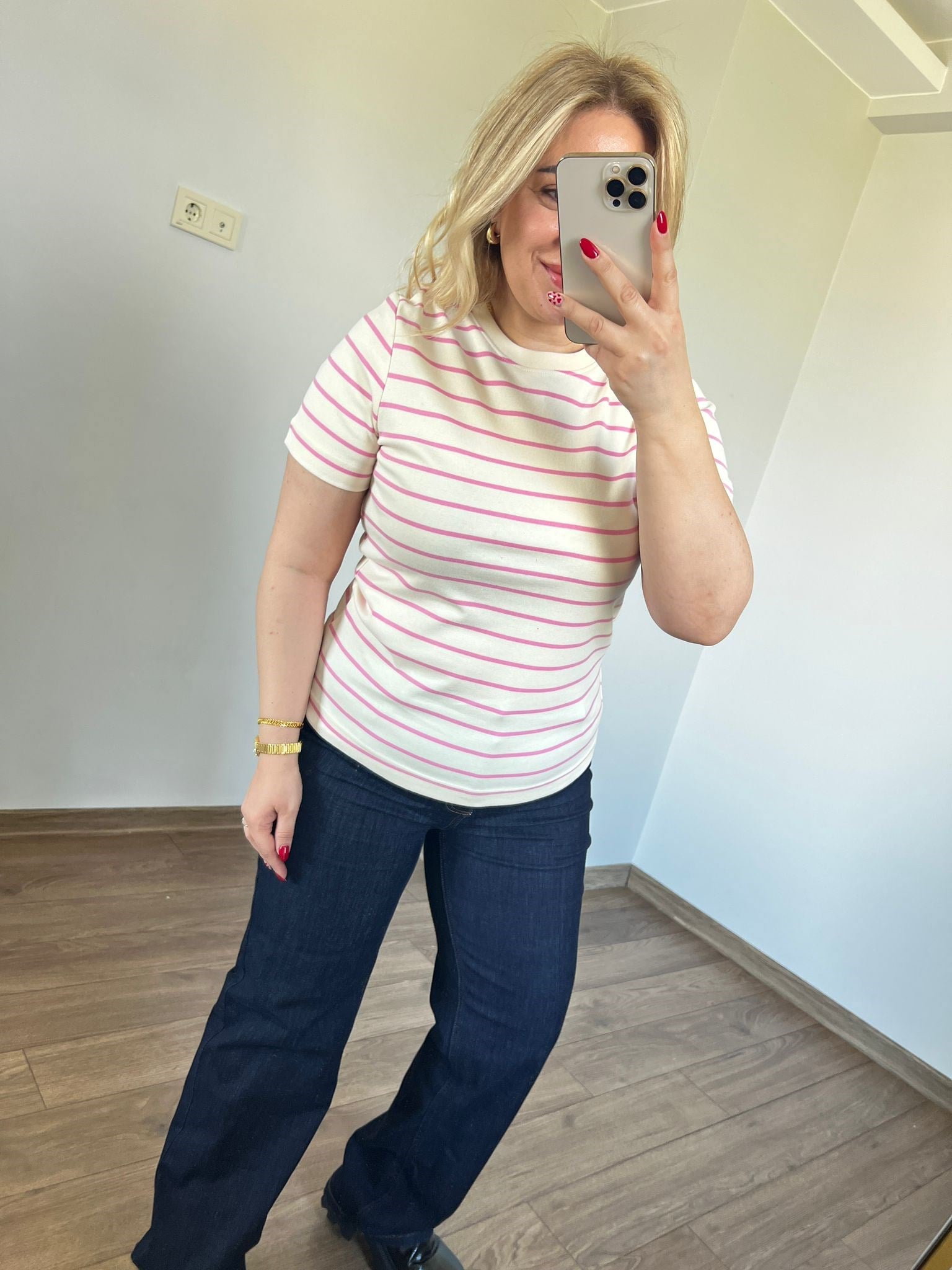 Çizgili Basic Tshirt (Krem-Pembe) 