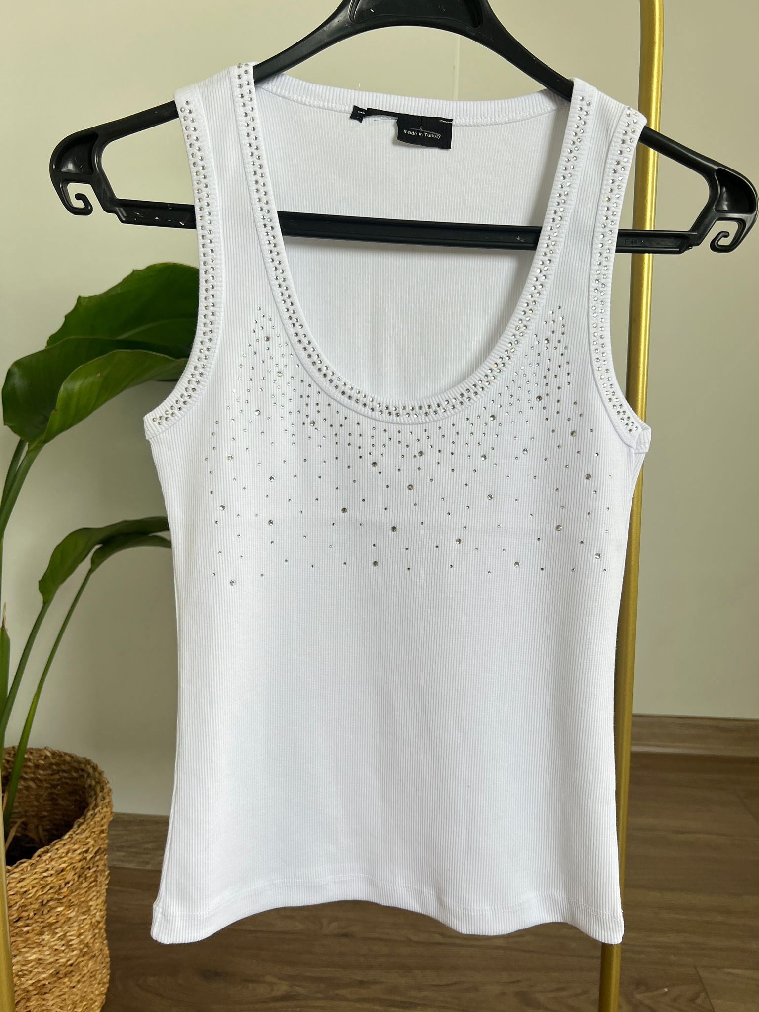 Dağınık Taşlı Kolsuz Body (Beyaz) 
