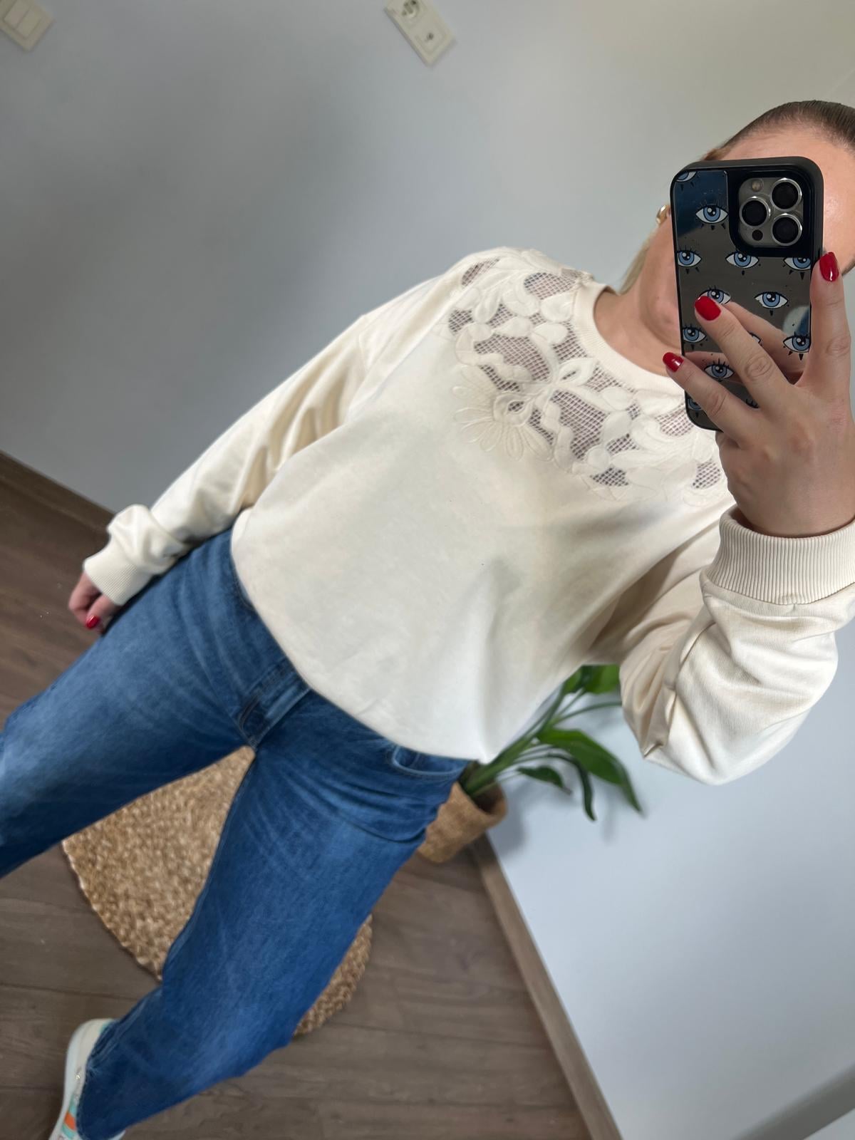 Dantel Detay Sweatshirt Krem