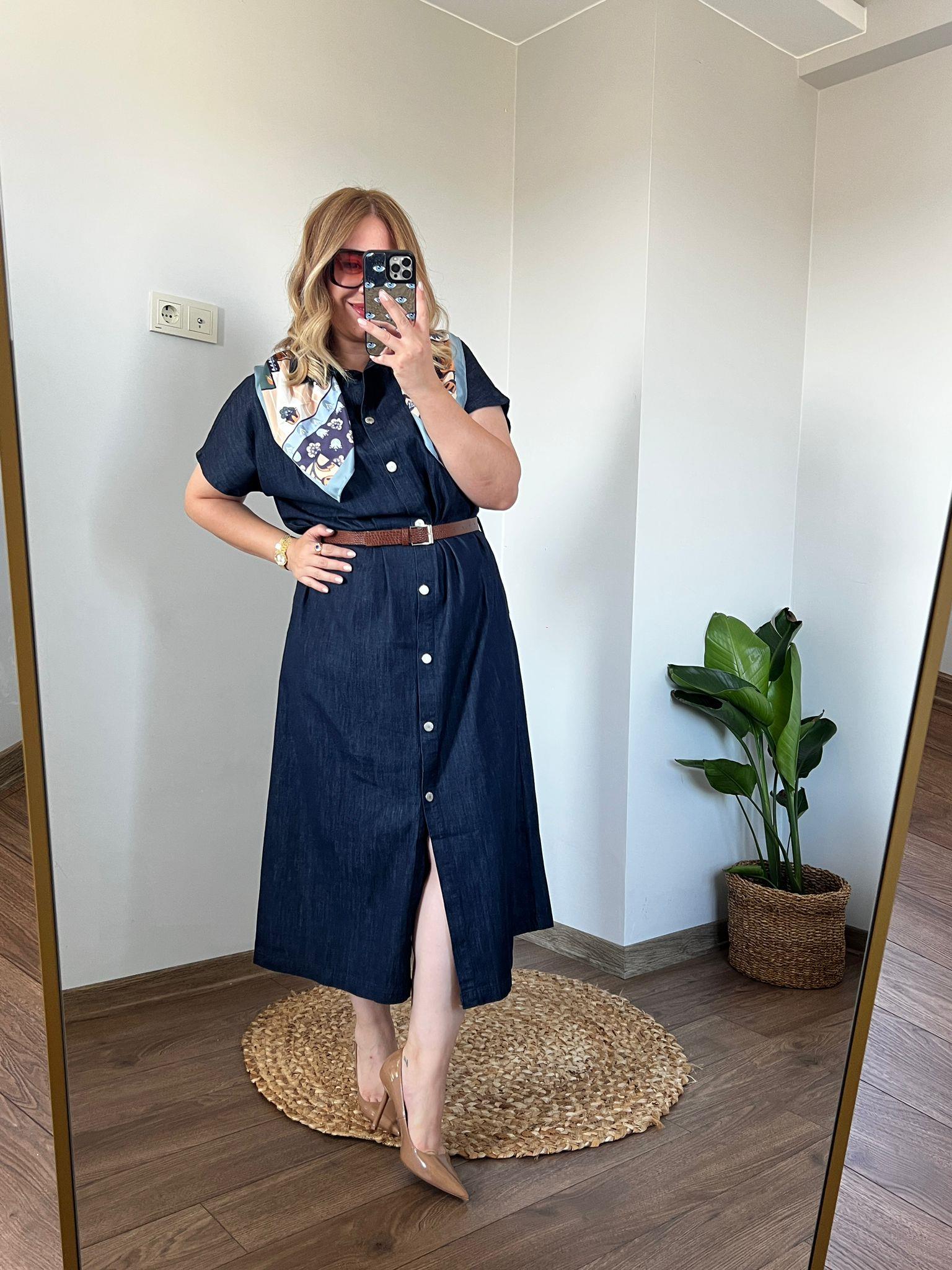 Denim Kemerli Midi Elbise 