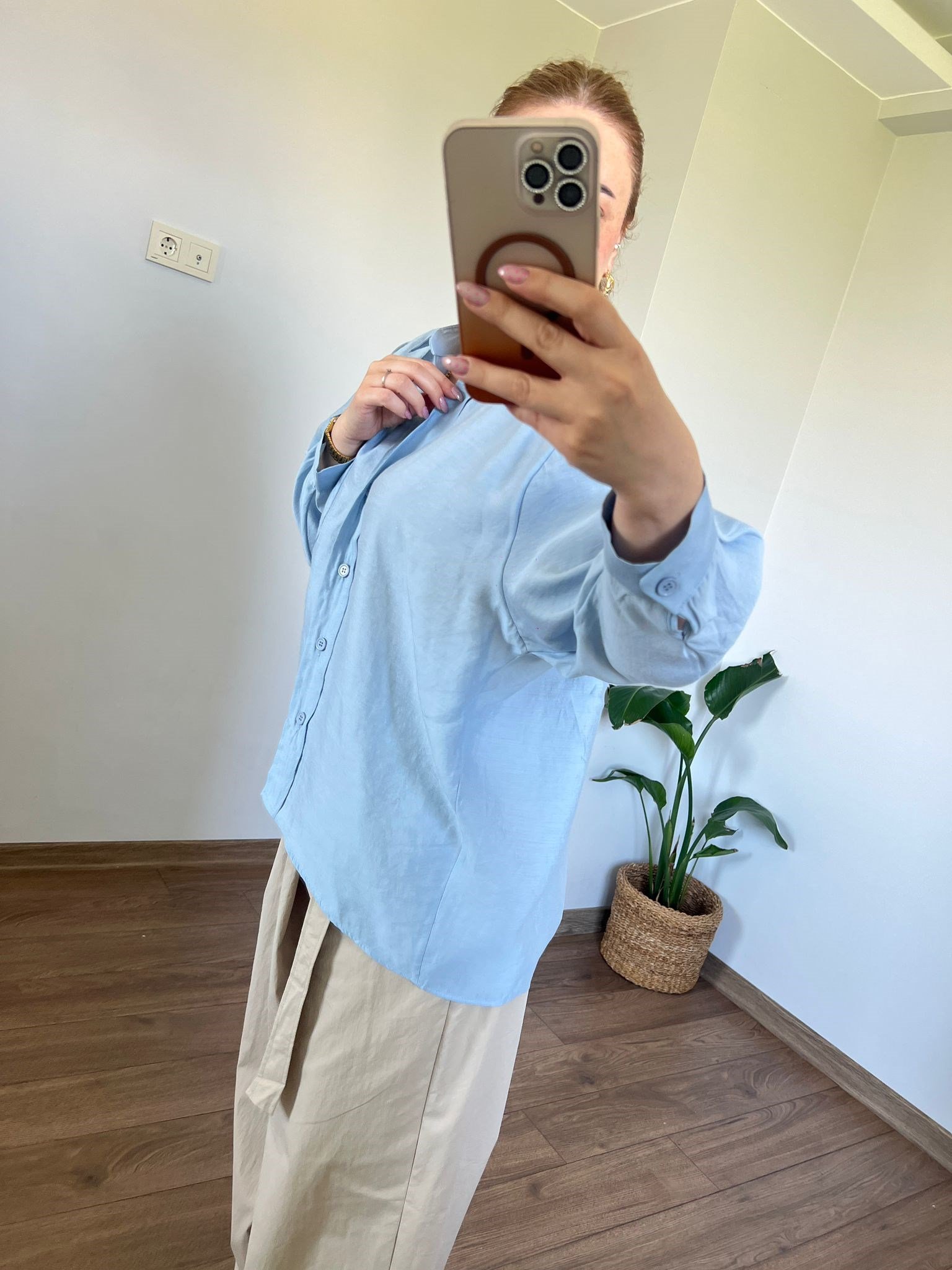 Düşük Omuzlu Oversize Gömlek (Bebe Mavisi) 