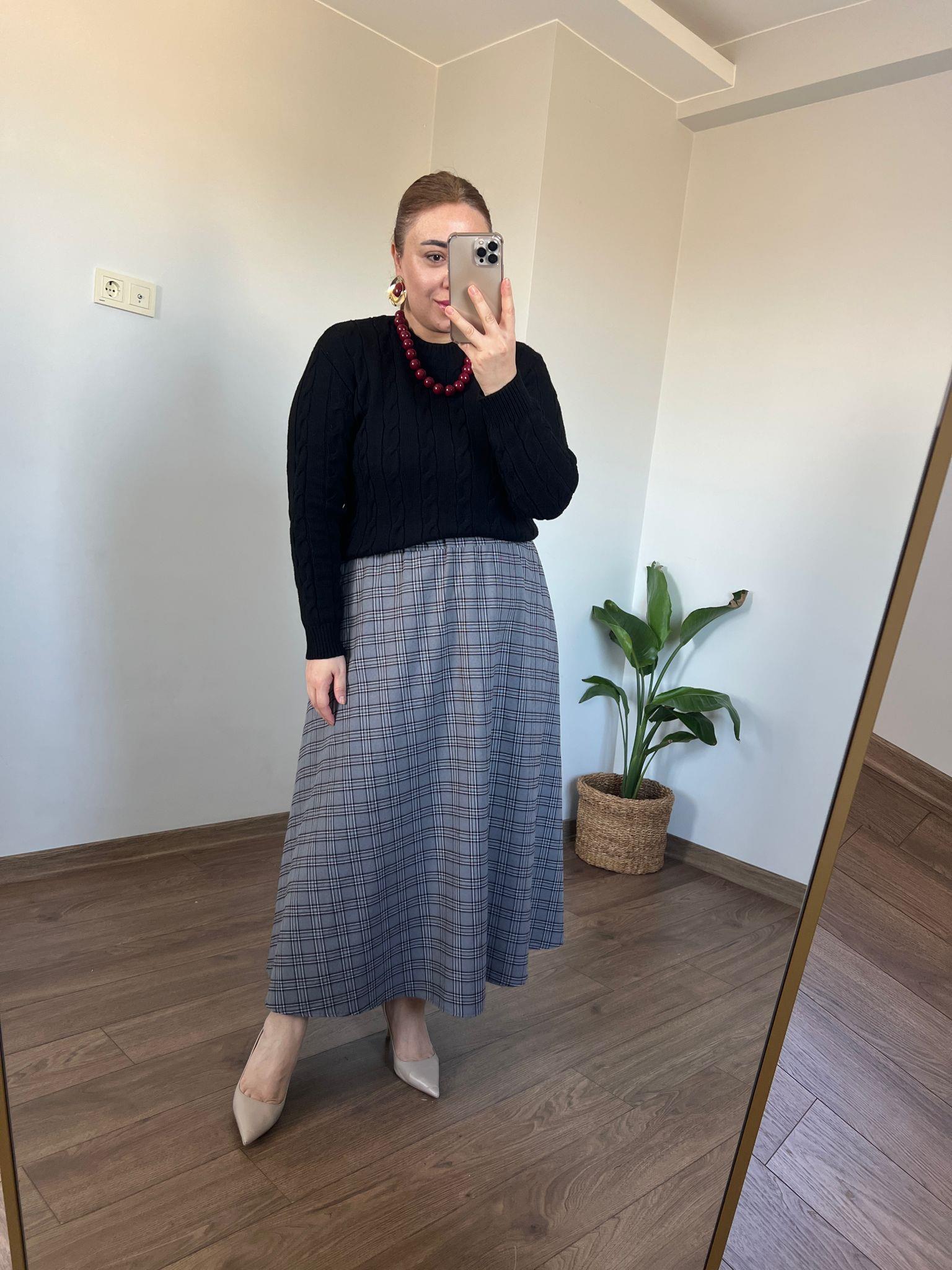 Ekose Desen Maxi Etek (Gri) 