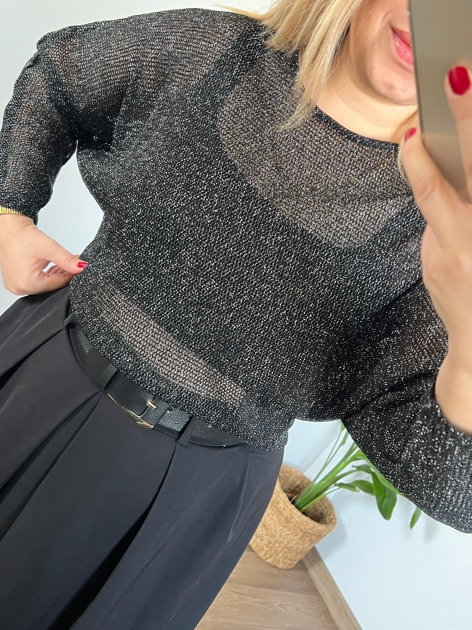 Glitter Detaylı Yarasa Kol File Bluz    