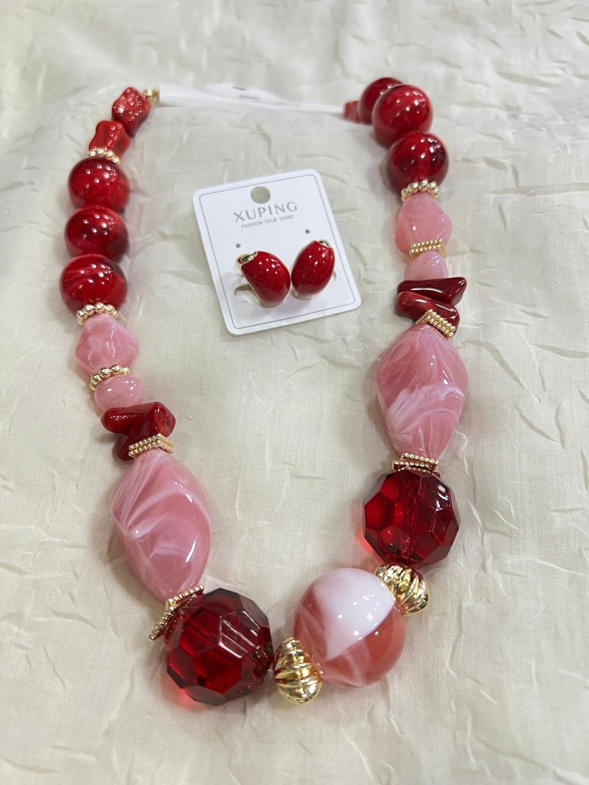 İri Taşlı Mika Kolye (Kırmızı-Pembe)