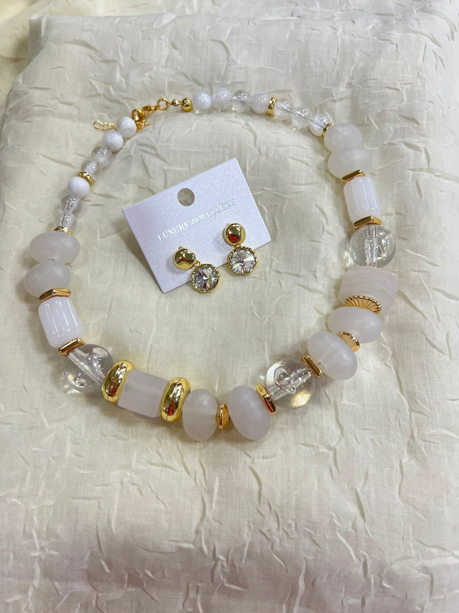 Karışık Taşlı Mika Kolye (Şeffaf- Beyaz)