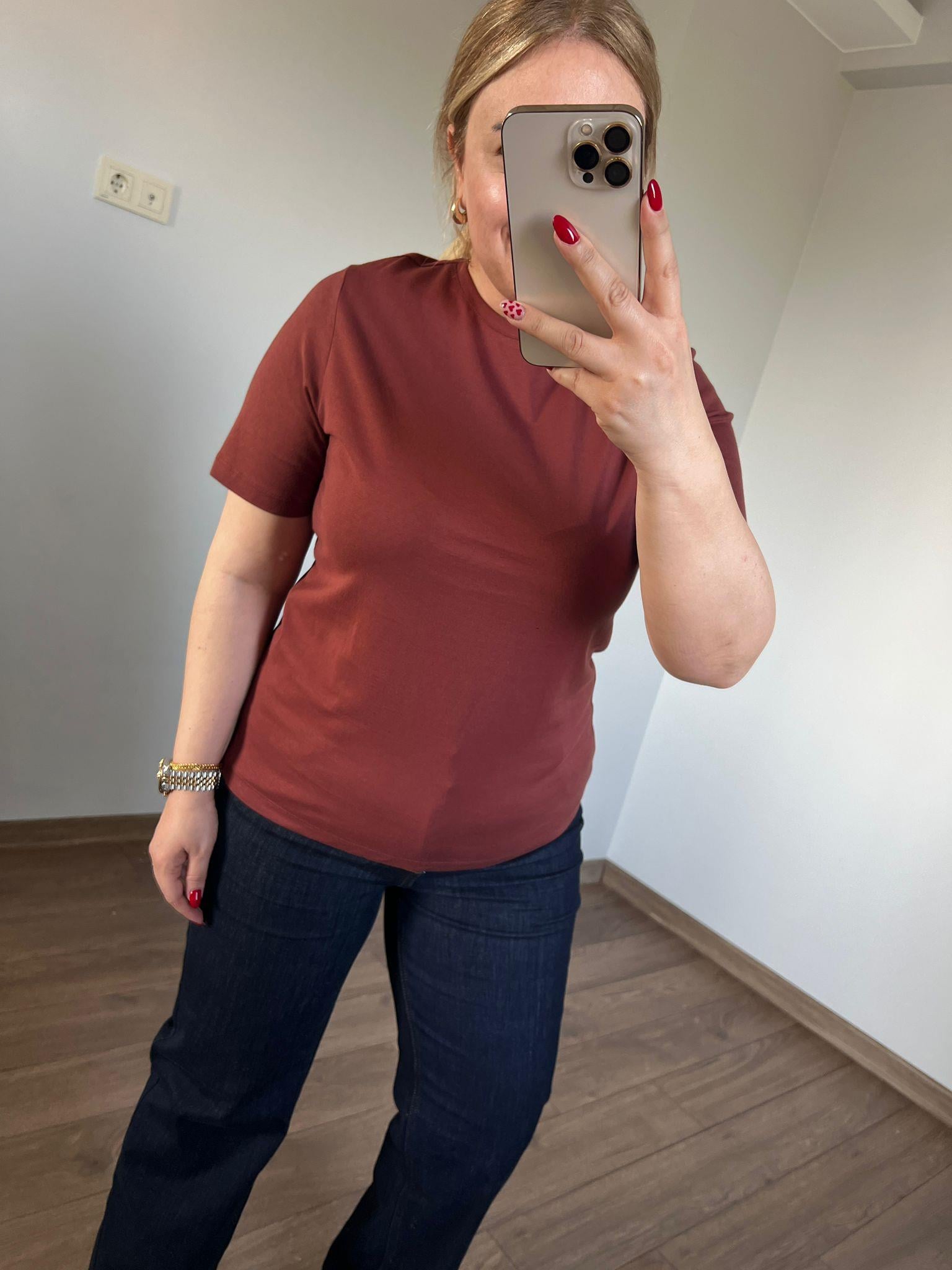 Orijinal Marka  Bisiklet Yaka Basic Tshirt (Kahve)