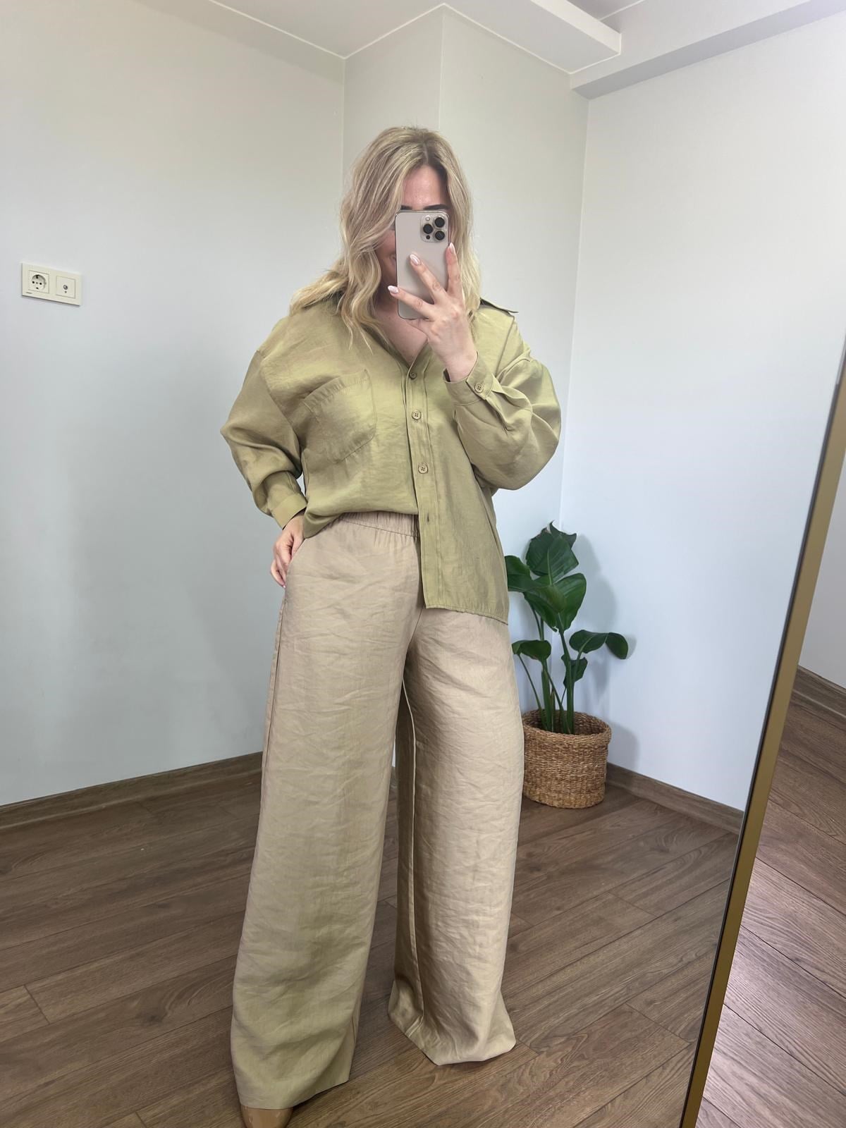 Orijinal Marka Keten Dokulu Palazzo Pantolon (Camel) 