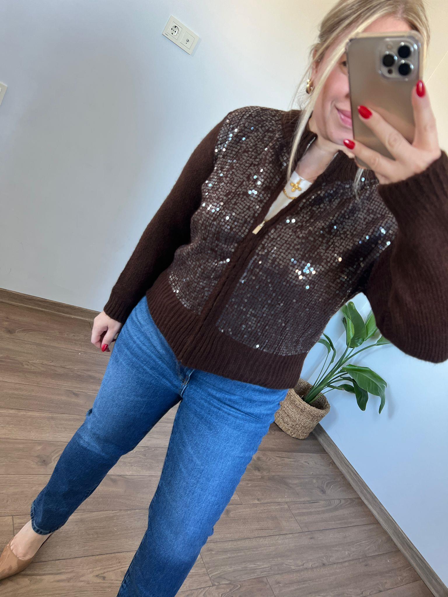 Payet Detaylı Triko Ceket (Kahve)