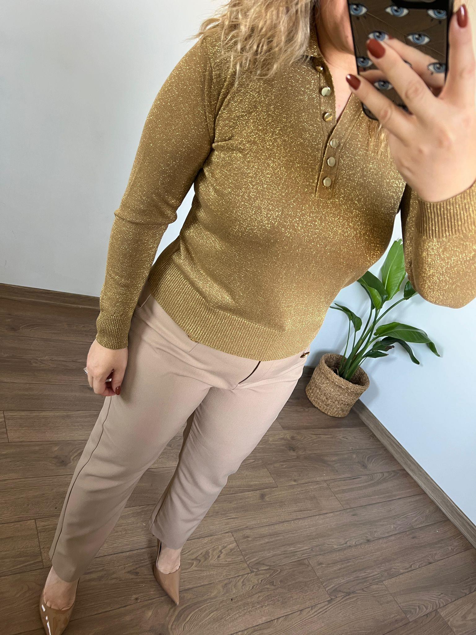 Polo Yaka Simli İnce  Triko Bluz 