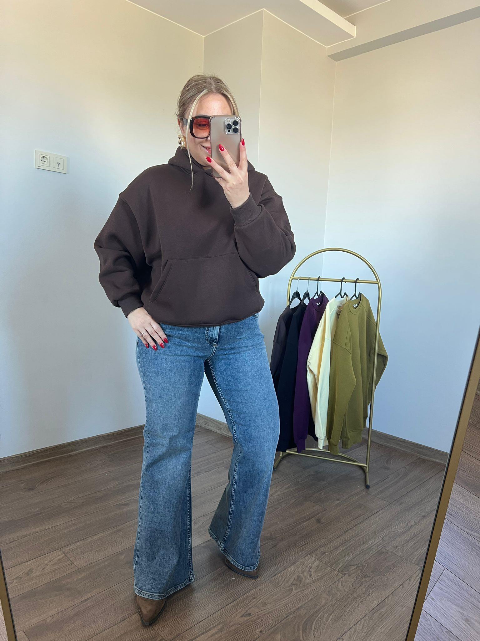 Üç İplik Kapişonlu Sweatshirt (Kahve) 