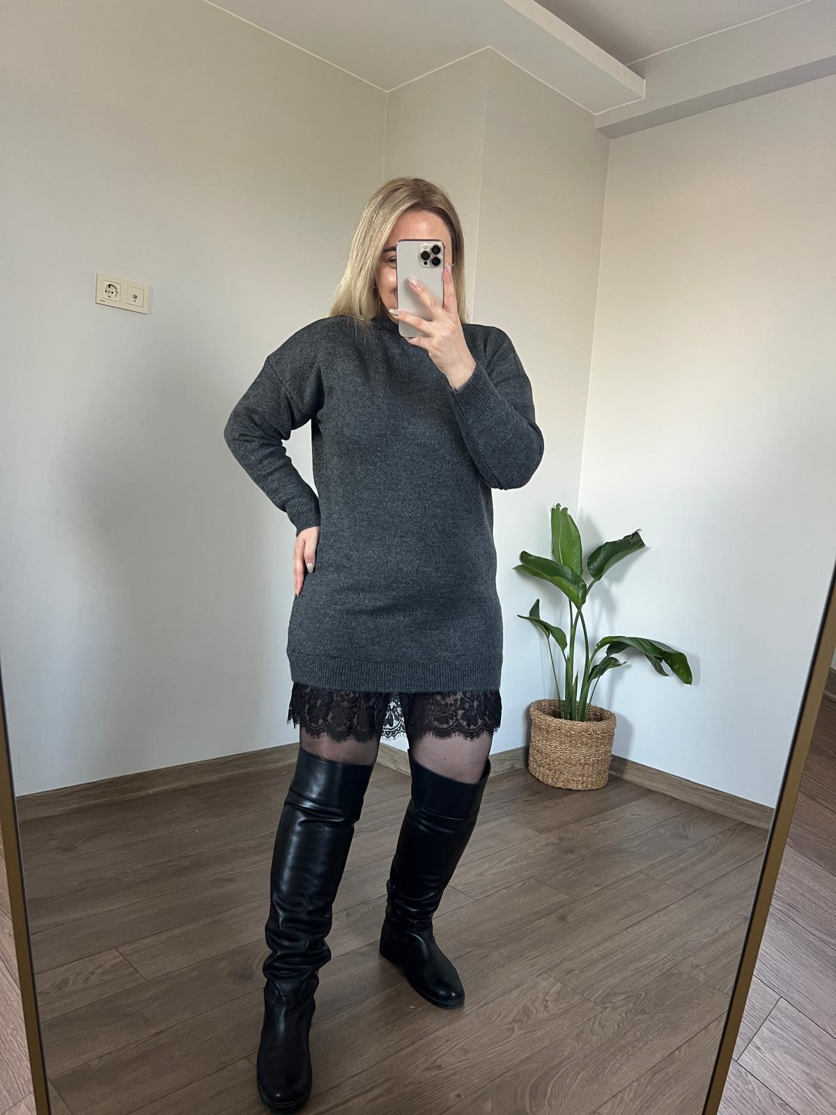 Ucu Dantelli Triko Elbise (Gri) 