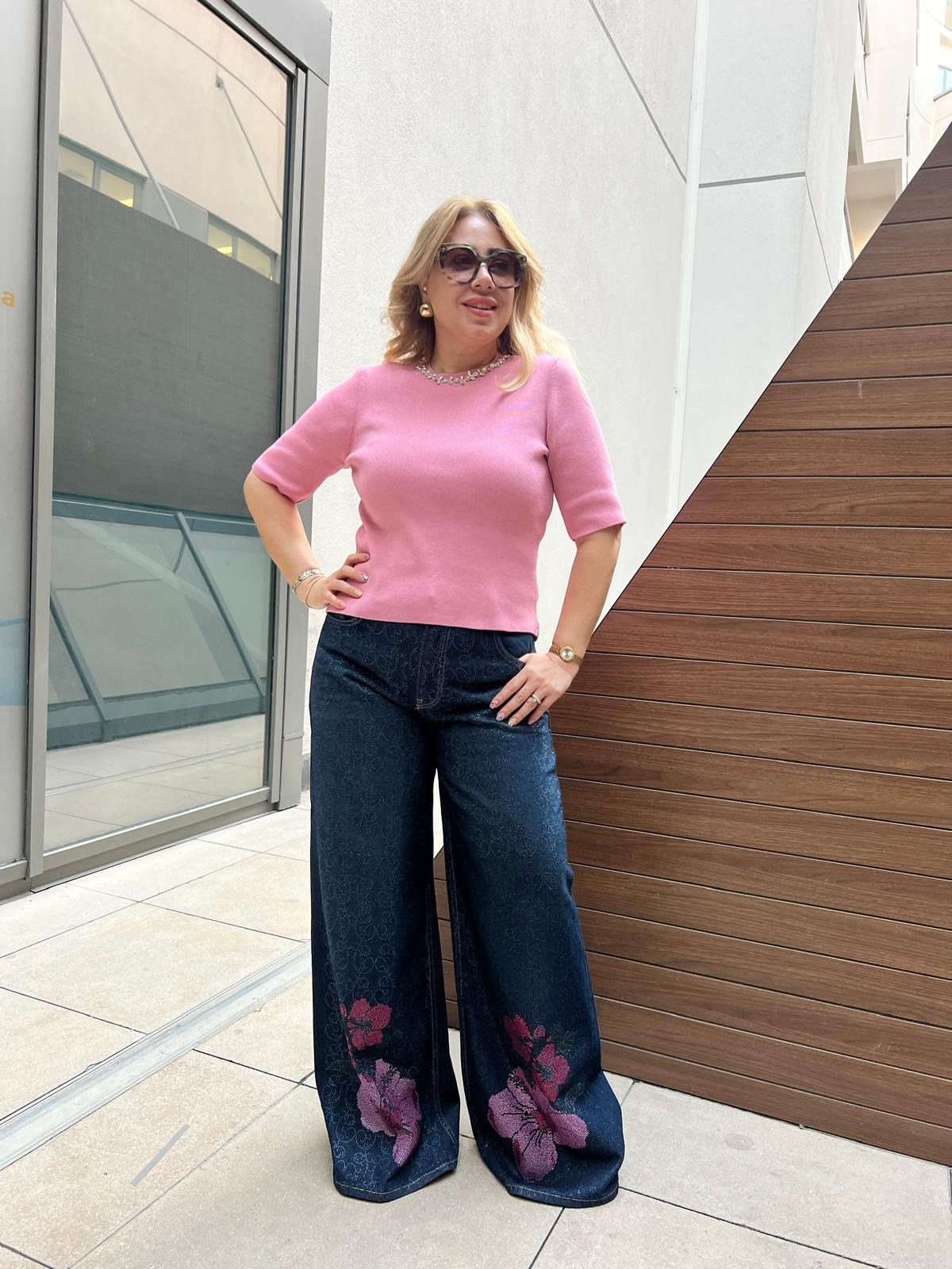 Yakası Taş Detaylı Kısa Kol Triko Bluz (Pembe) 