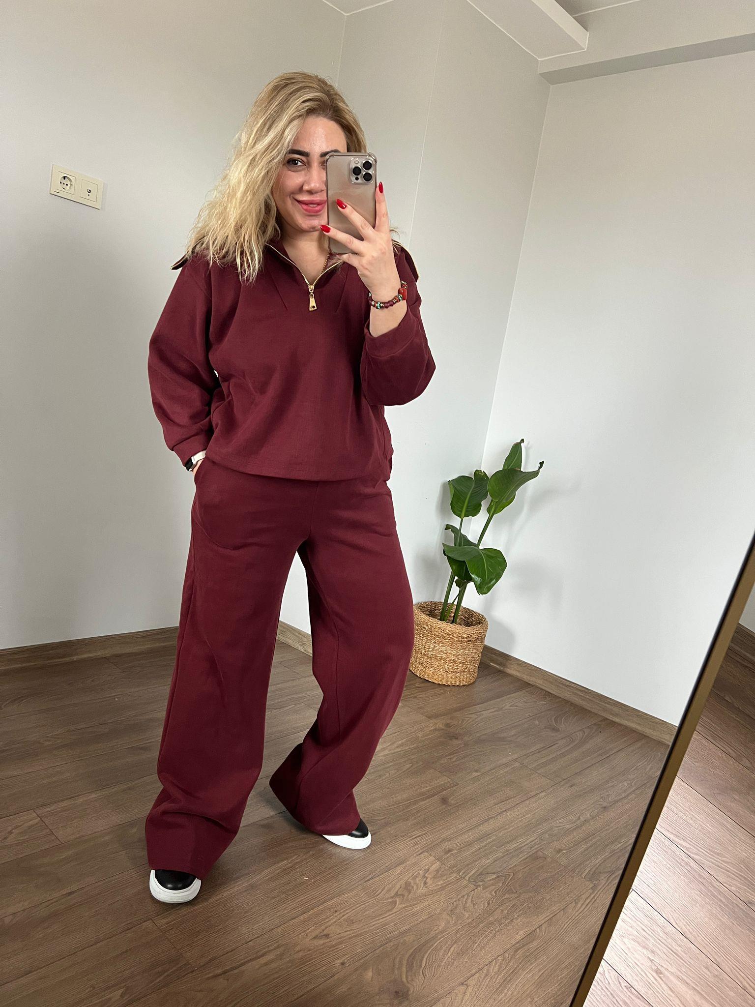 Yarım Fermuarlı Geniş Yakalı Dokuma Eşofman (Bordo)