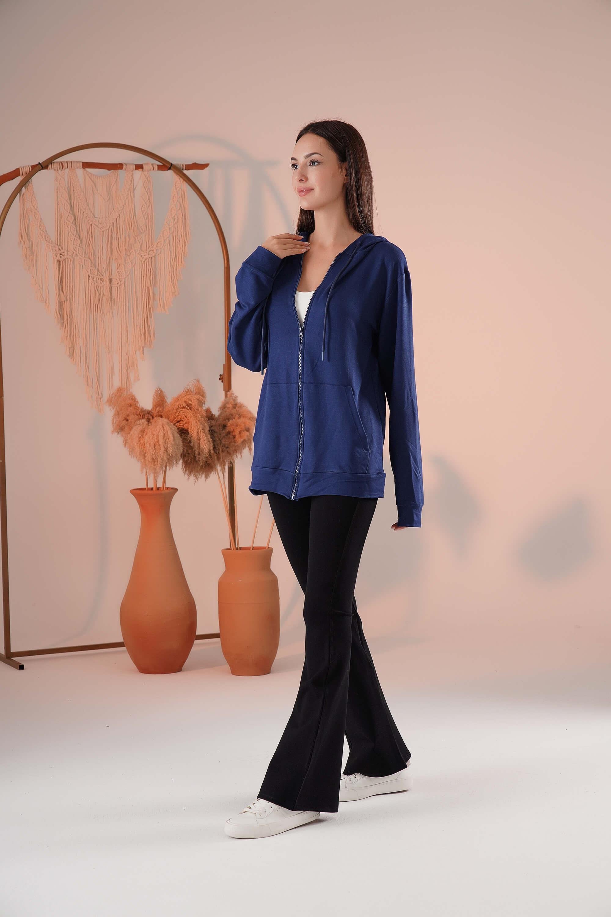 Fermuarlı Cepli Kapşonlu Modal Sweatshirt