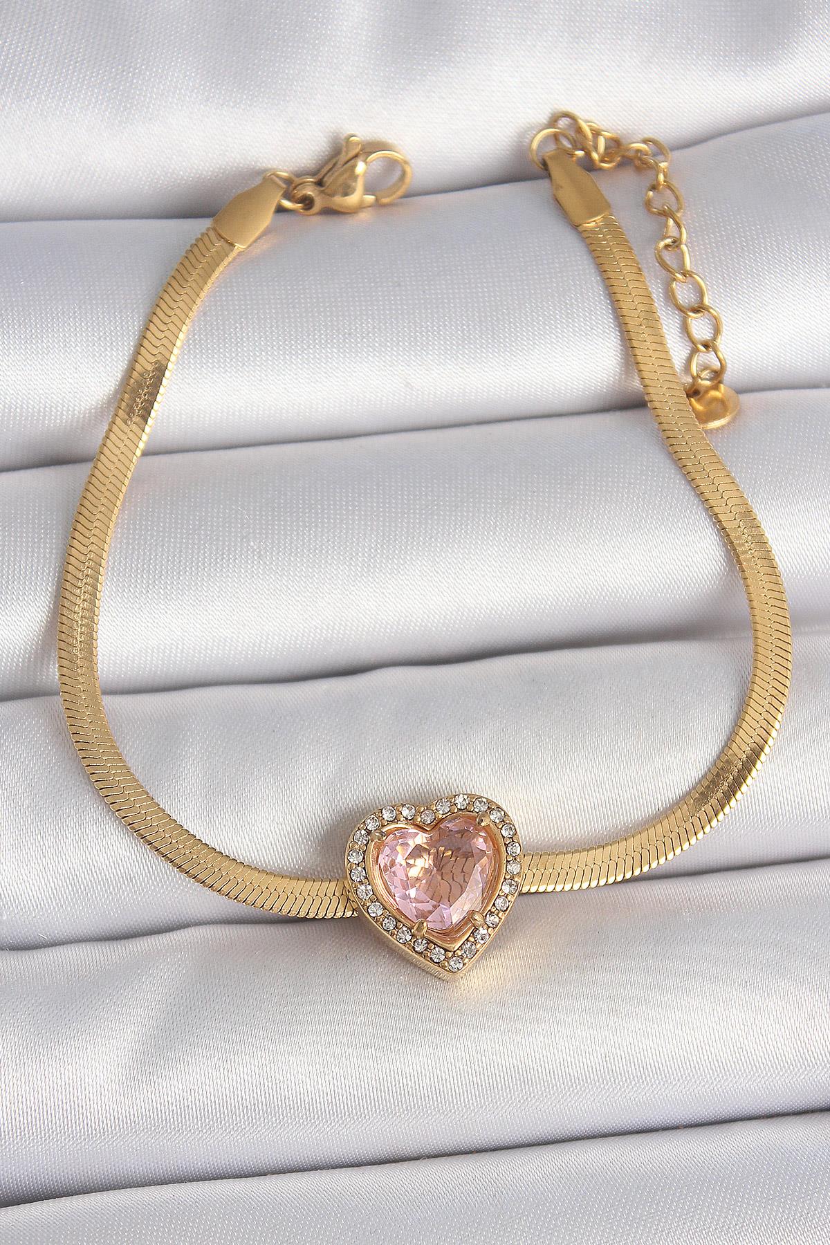 316L Çelik Gold Renk İtalyan Zincir Pembe Zirkon Taşlı Kalp Model Kadın Bileklik