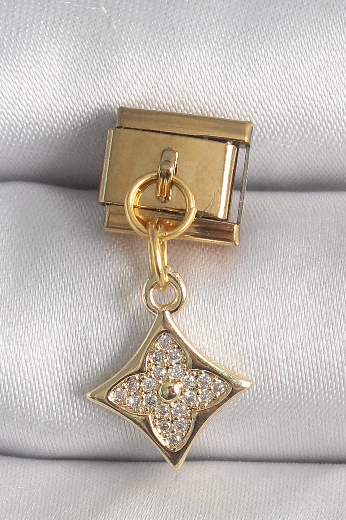 316L Çelik Gold Renk Sallantı Zirkon Taşlı Çiçek İşlemeli Nomination Charm