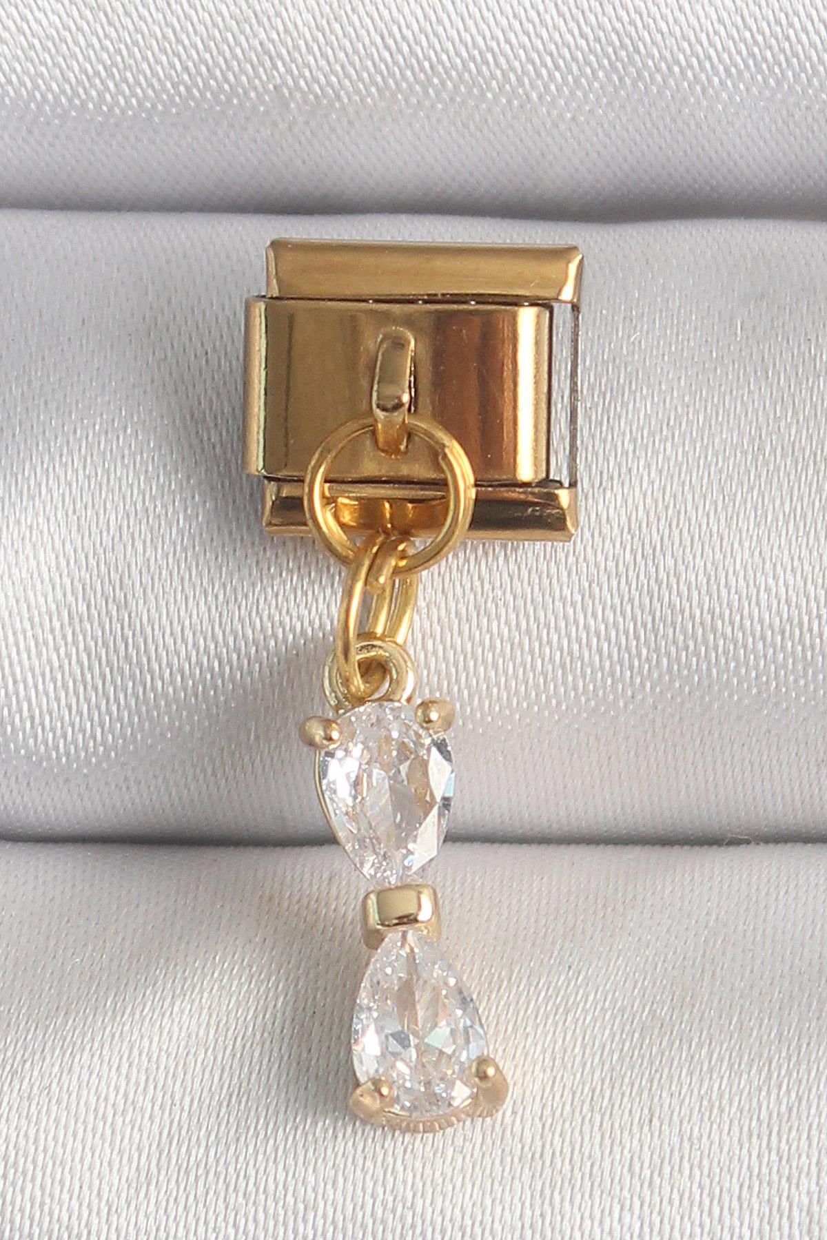 316L Çelik Gold Renk Sallantı Zirkon Taşlı Kurdele Model Nomination Charm