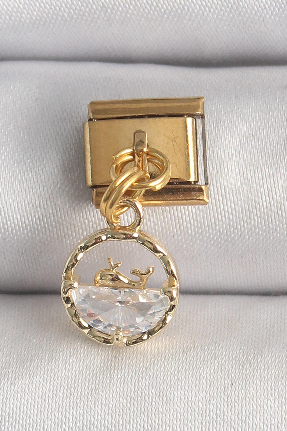 316L Çelik Gold Renk Sallantı Zirkon Taşlı Balina Model Nomination Charm