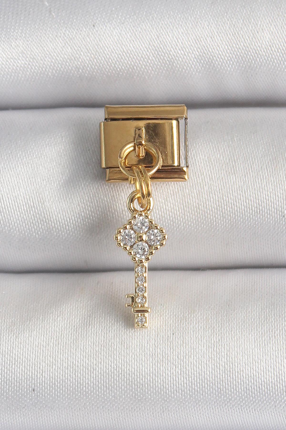 316L Çelik Gold Renk Sallantı Zirkon Taşlı Anahtar Model Nomination Charm