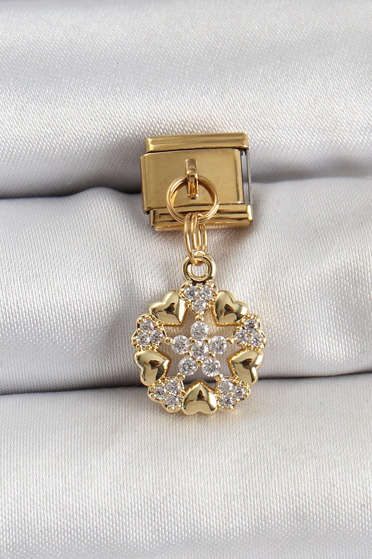 316L Çelik Sallantılı Zirkon Taşlı Kalp Detaylı Yıldz Model Gold Renk Nomination Charm