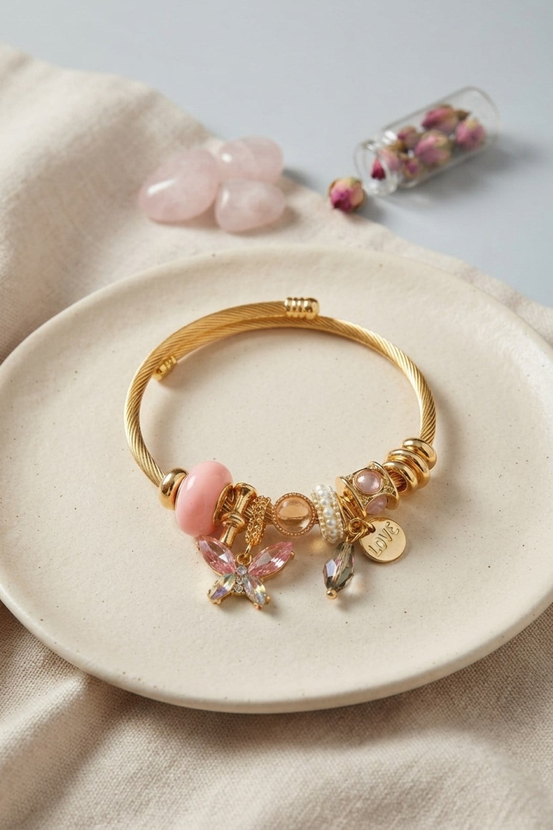 Pembe Kelebek Model Charmlı Bileklik