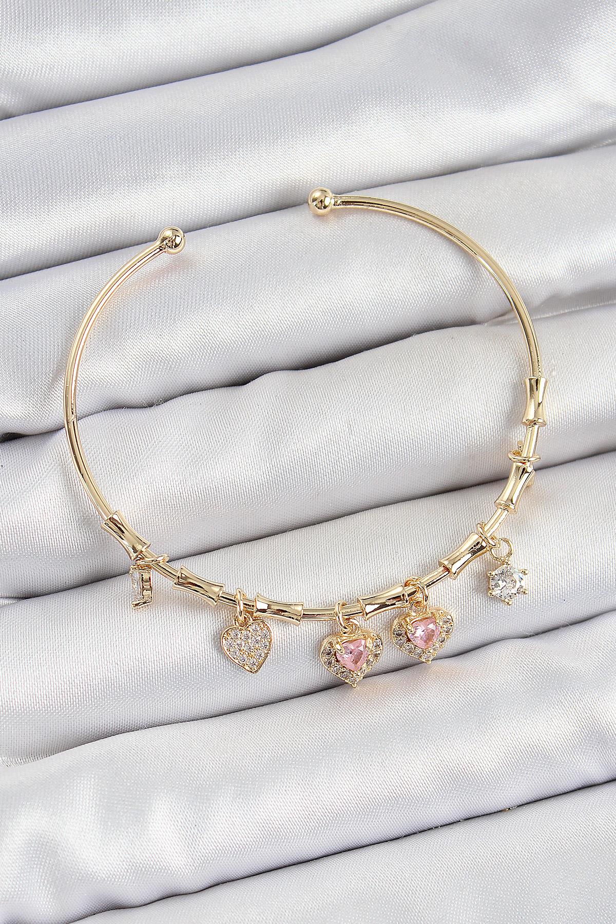 Pirinç Zirkon Taşlı Pembe Kalp Model Gold Renk Charm Bileklik