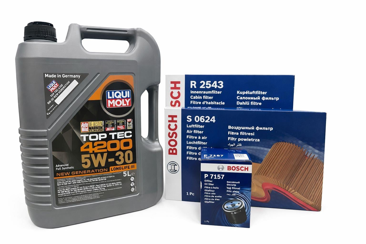 Liqui Moly Top Tec 4200 5W-30 5L Motor Yağı & Bosch P7157 Yağ Filtresi, S0624 Hava Filtresi, R2543 Polen Filtresi – Komple Motor Bakım Seti