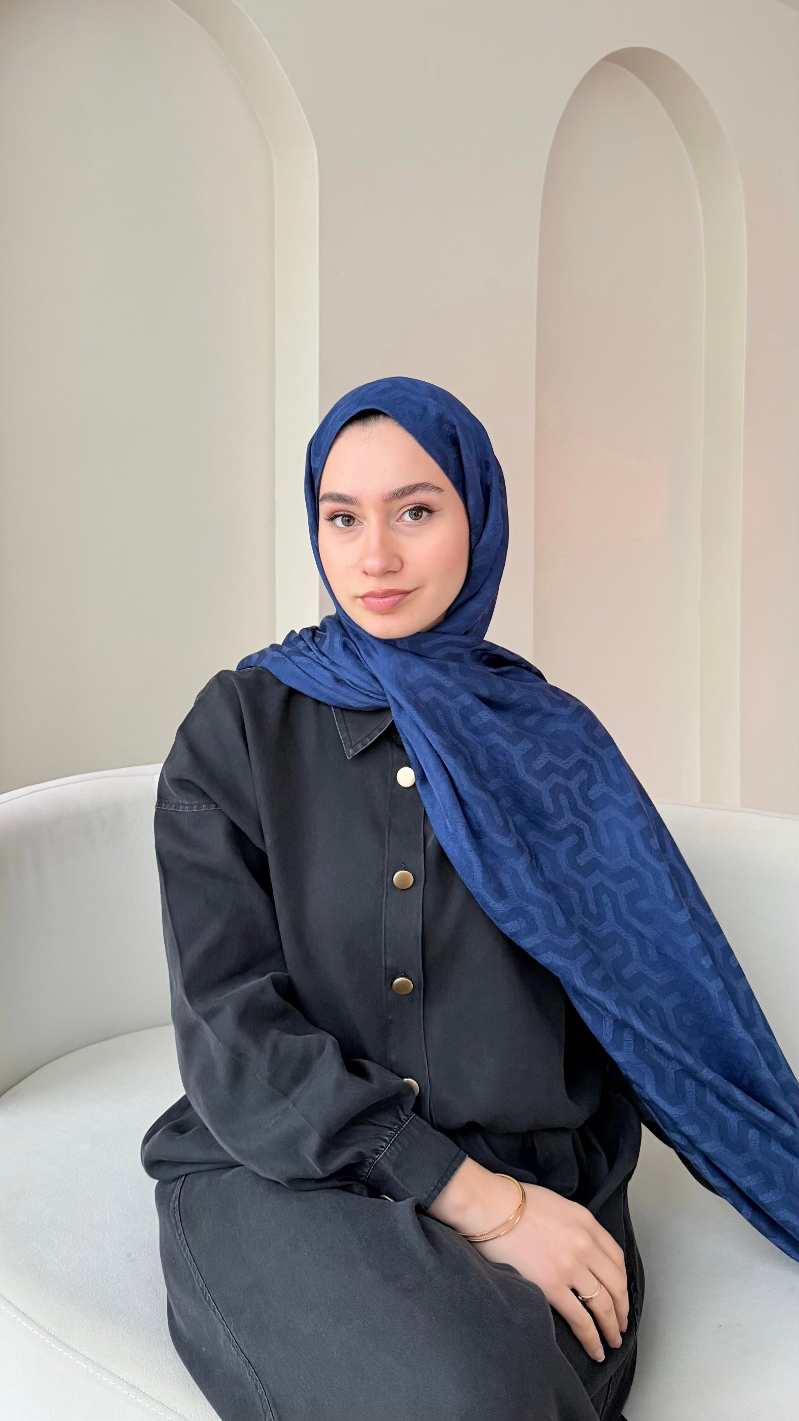 Elsa Shine İpeksi Pamuk Jakar Şal - Açık Lacivert