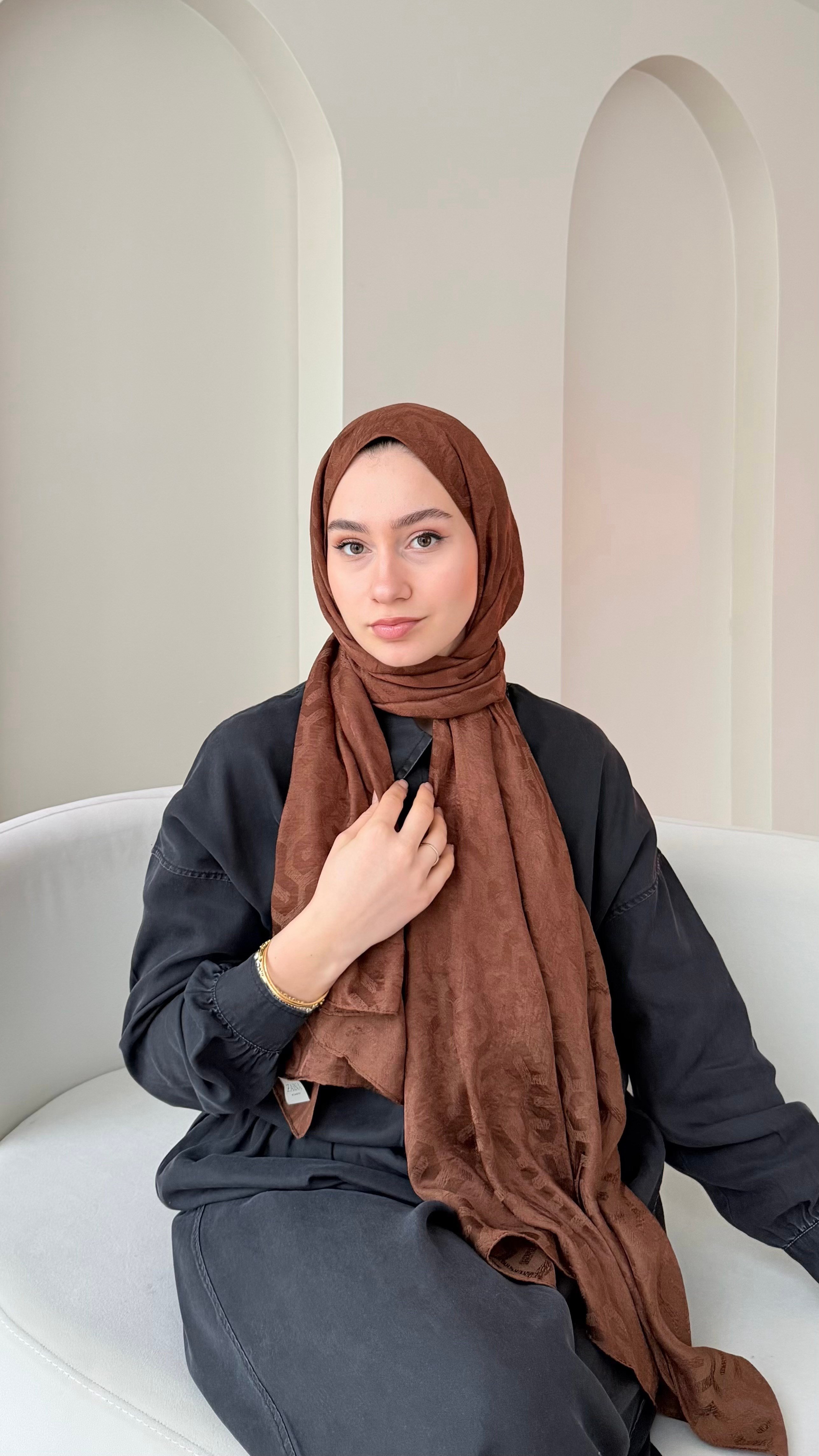 Elsa Shine İpeksi Pamuk Jakar Şal - Kahve