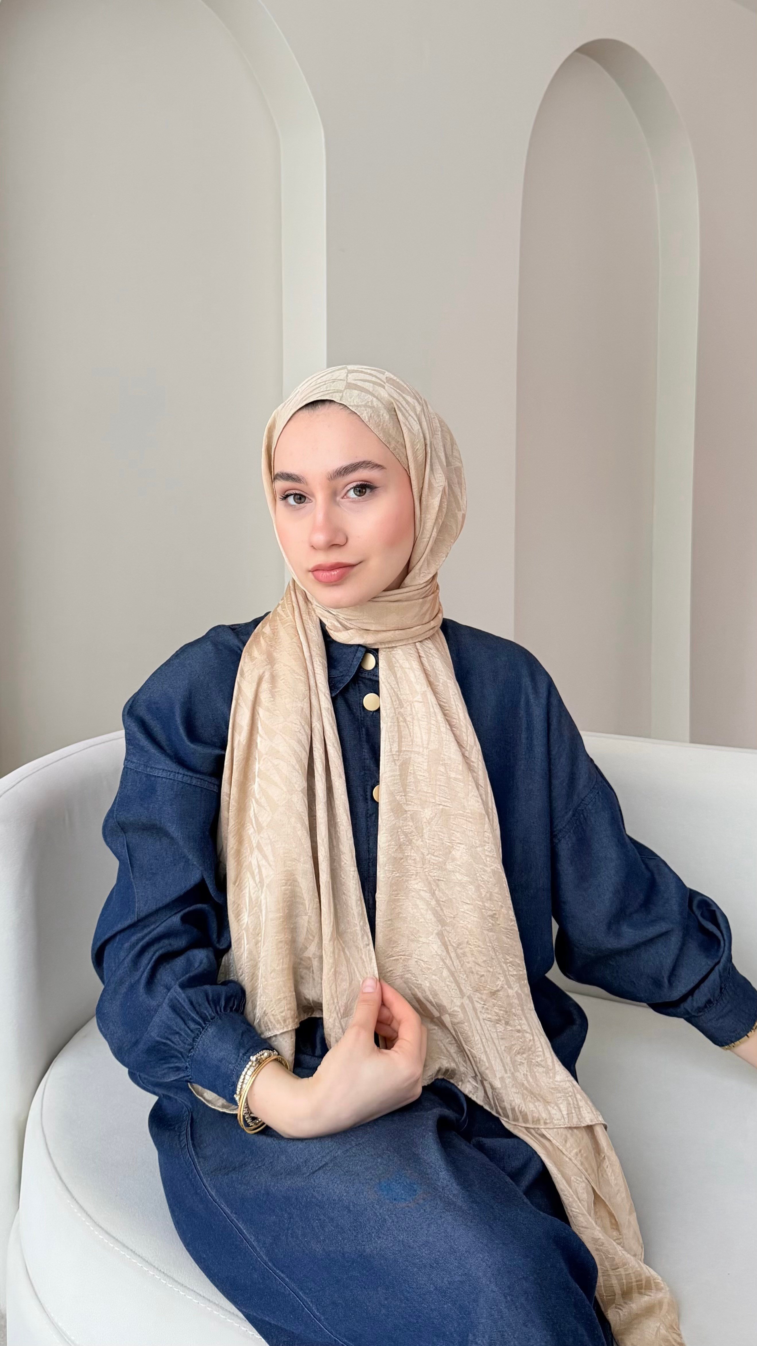 Feriha İpeksi Pamuk Jakar Şal - Soft Gold