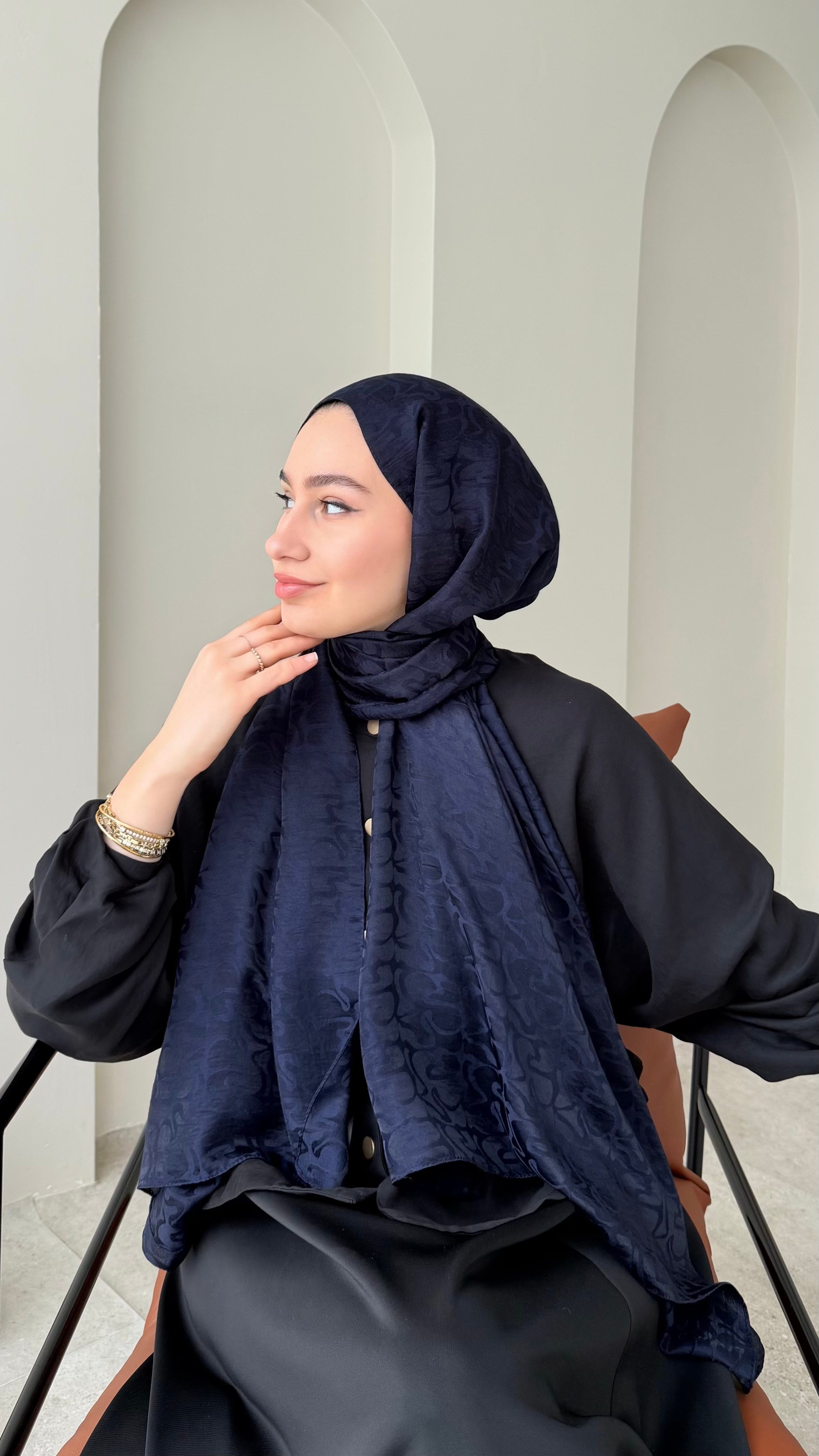 Mana İpeksi Pamuk Jakar Şal - Lacivert