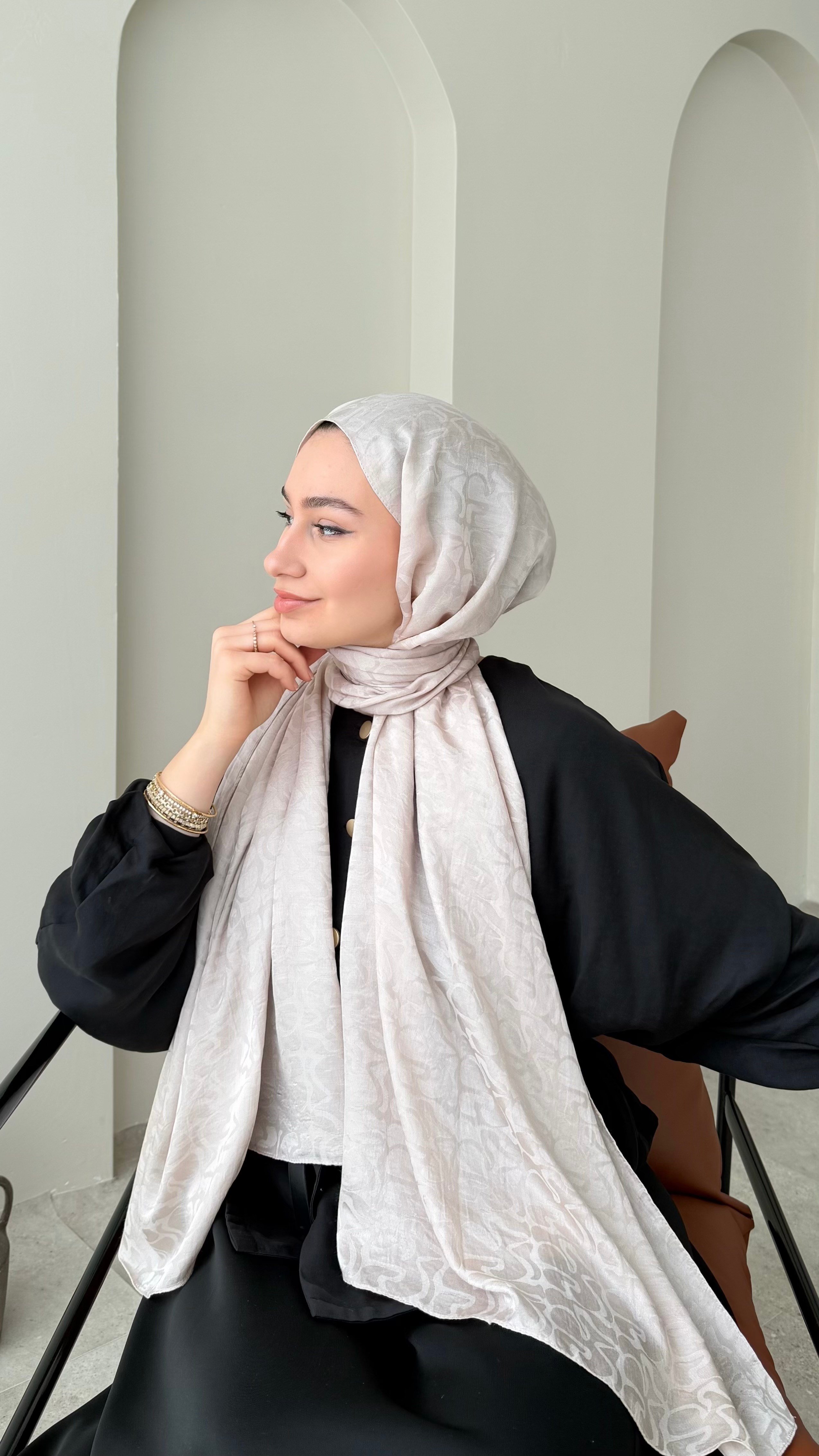Mana İpeksi Pamuk Jakar Şal - Pudra