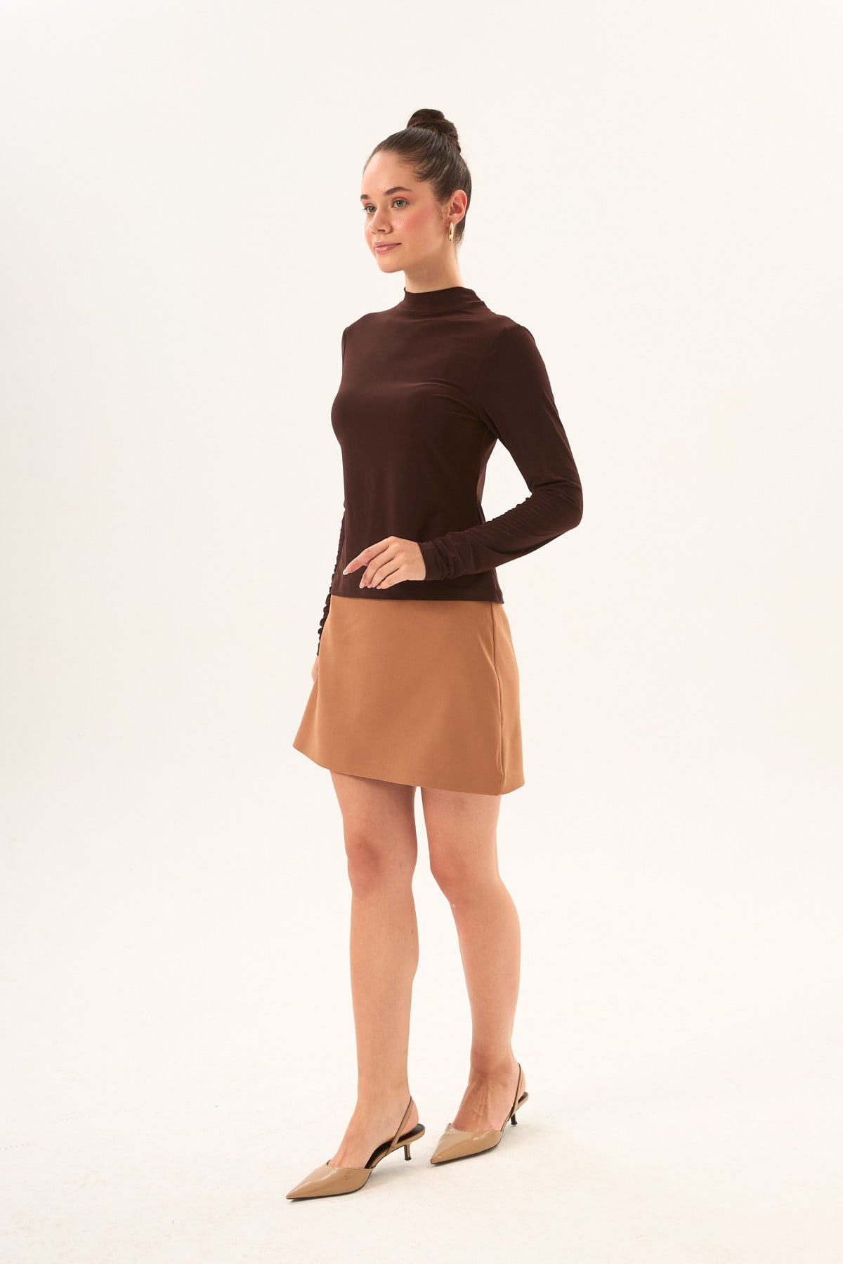 Acı Kahve Rengi Likralı Slim Fit Yarım Balıkçı Yaka Yumuşak Dokulu Uzun Kollu Body