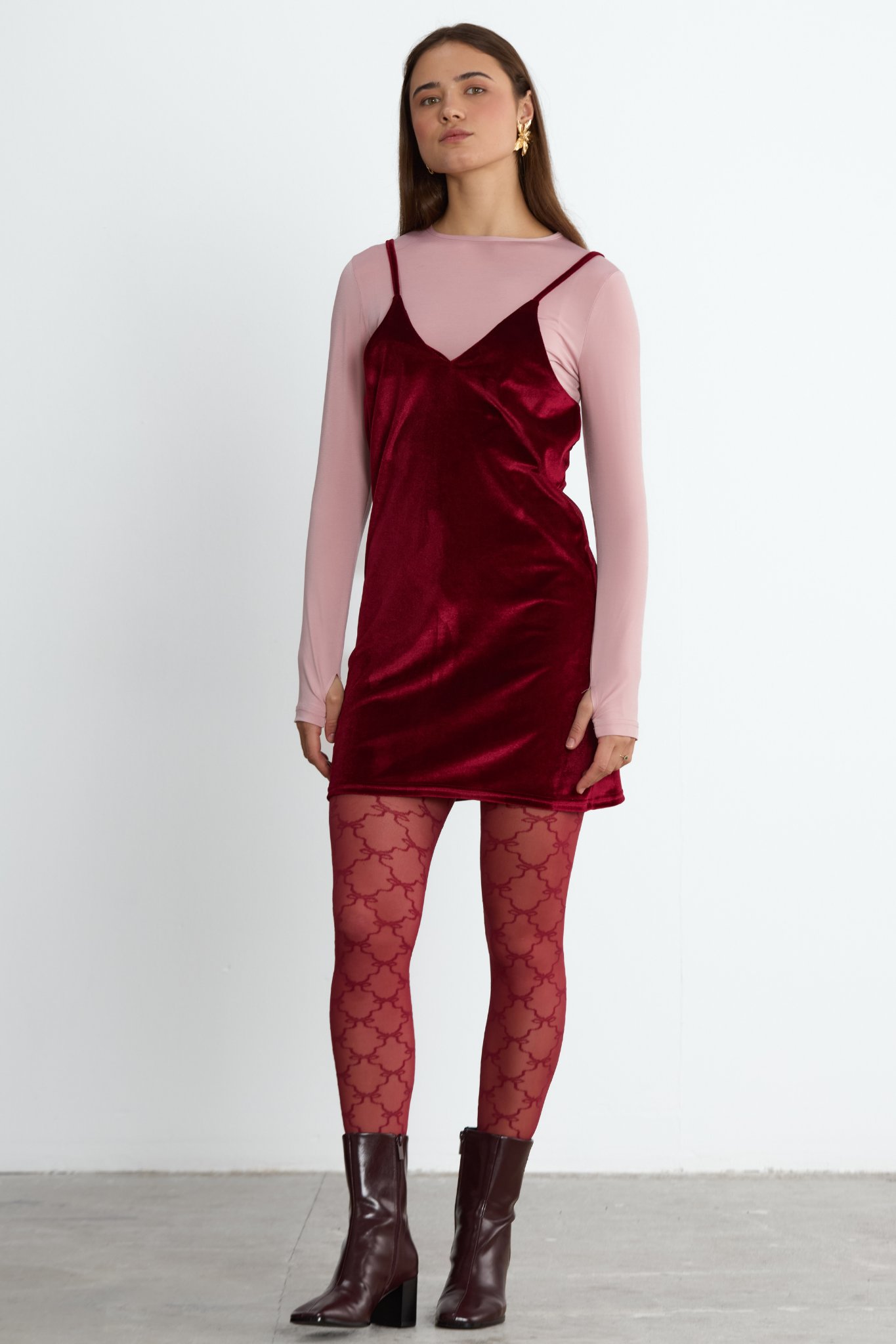 Bordo Askılı Muse Kadife Mini Elbise