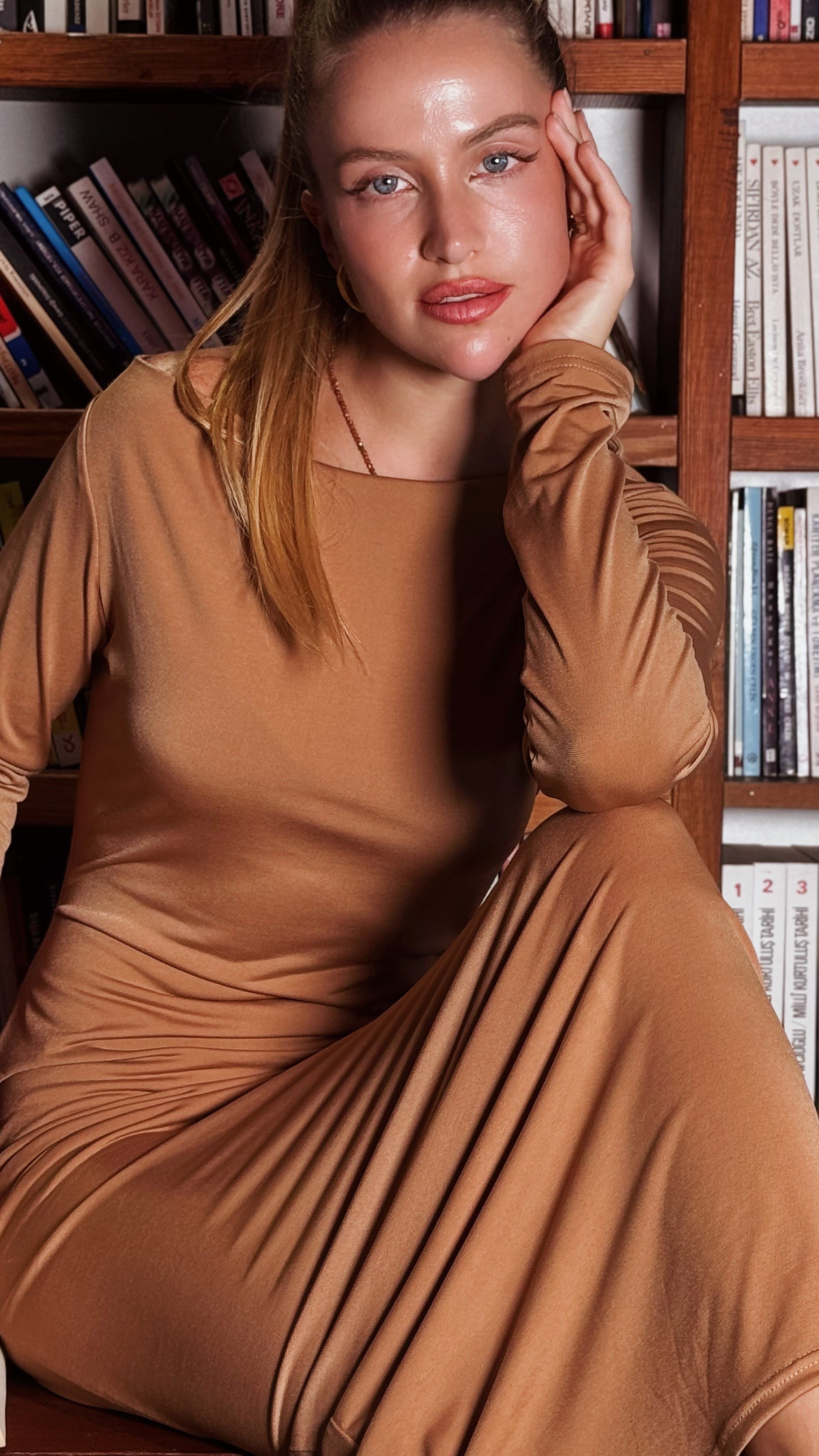 Kahve Likralı Valeria Uzun Elbise