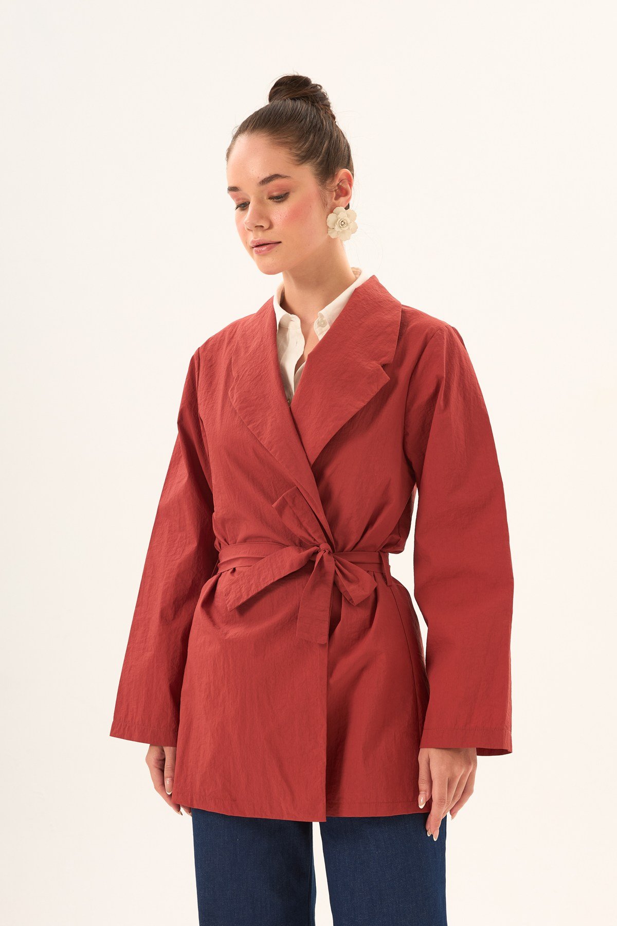 Kiremit Rengi Kruvaze Kesim Kuşaklı Oversize Modern Kesim Verde Trençkot