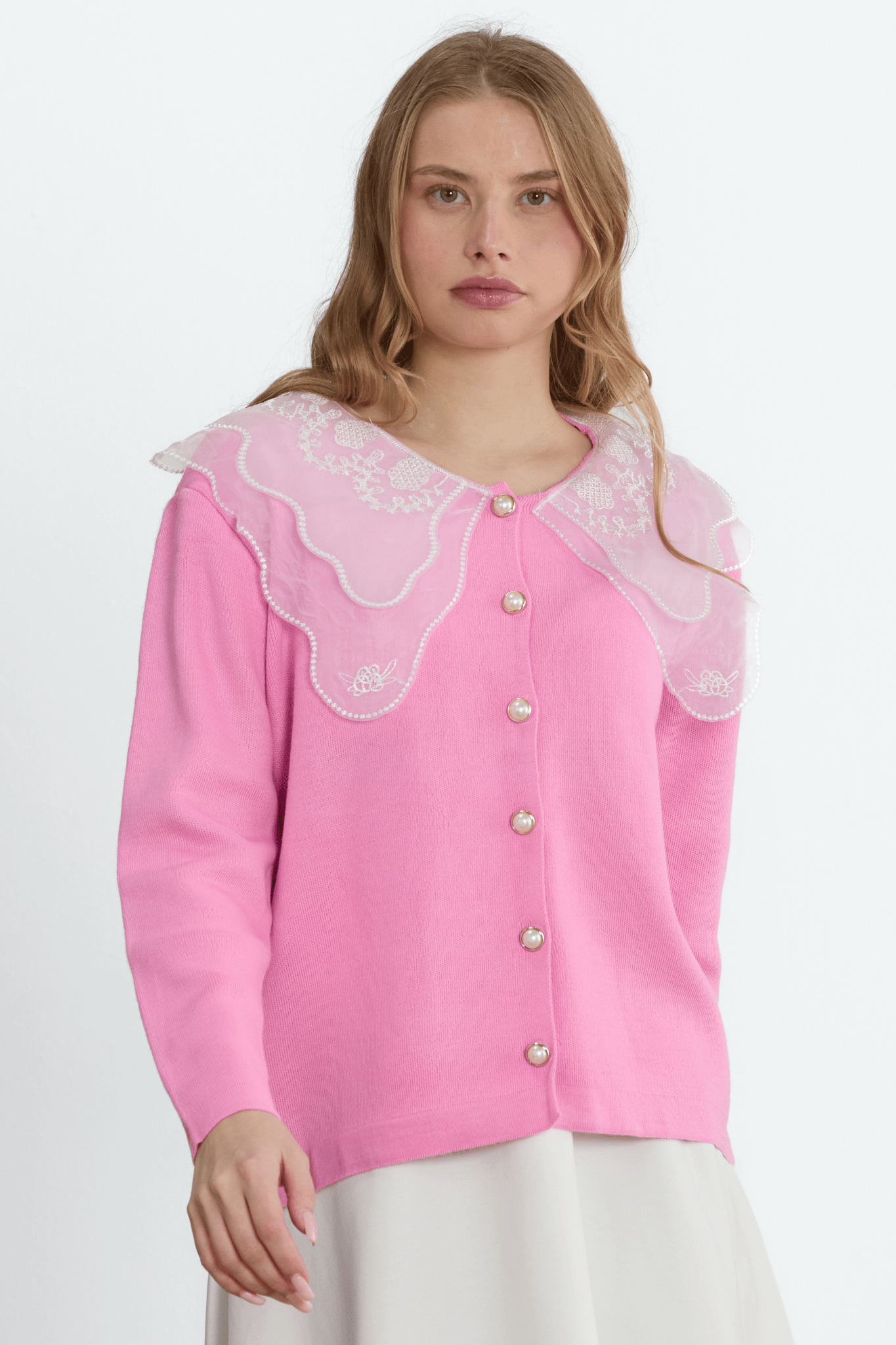 Pembe Isabel Güpür Yaka Triko Hırka