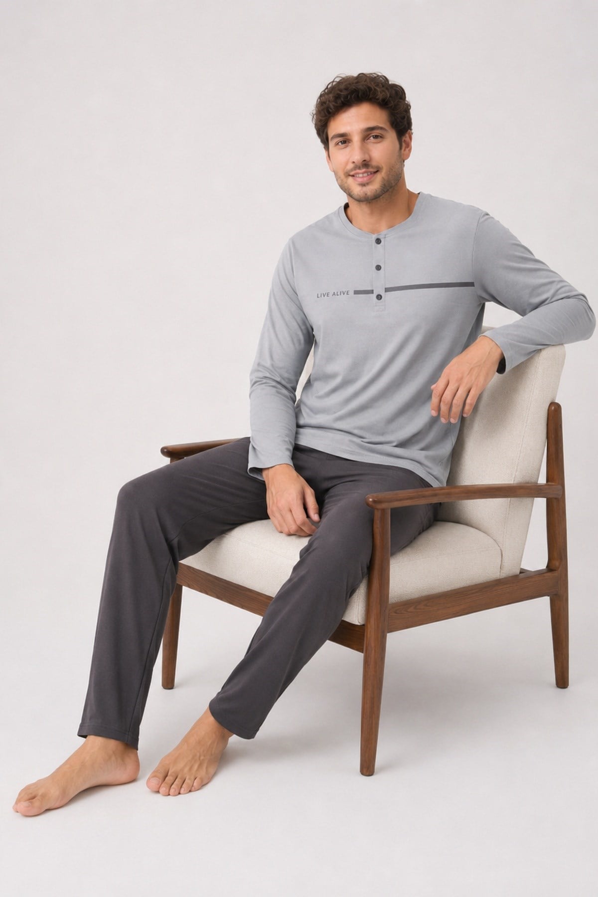 Erkek Uzun Kol %100 Pamuk Pijama Takımı Gri