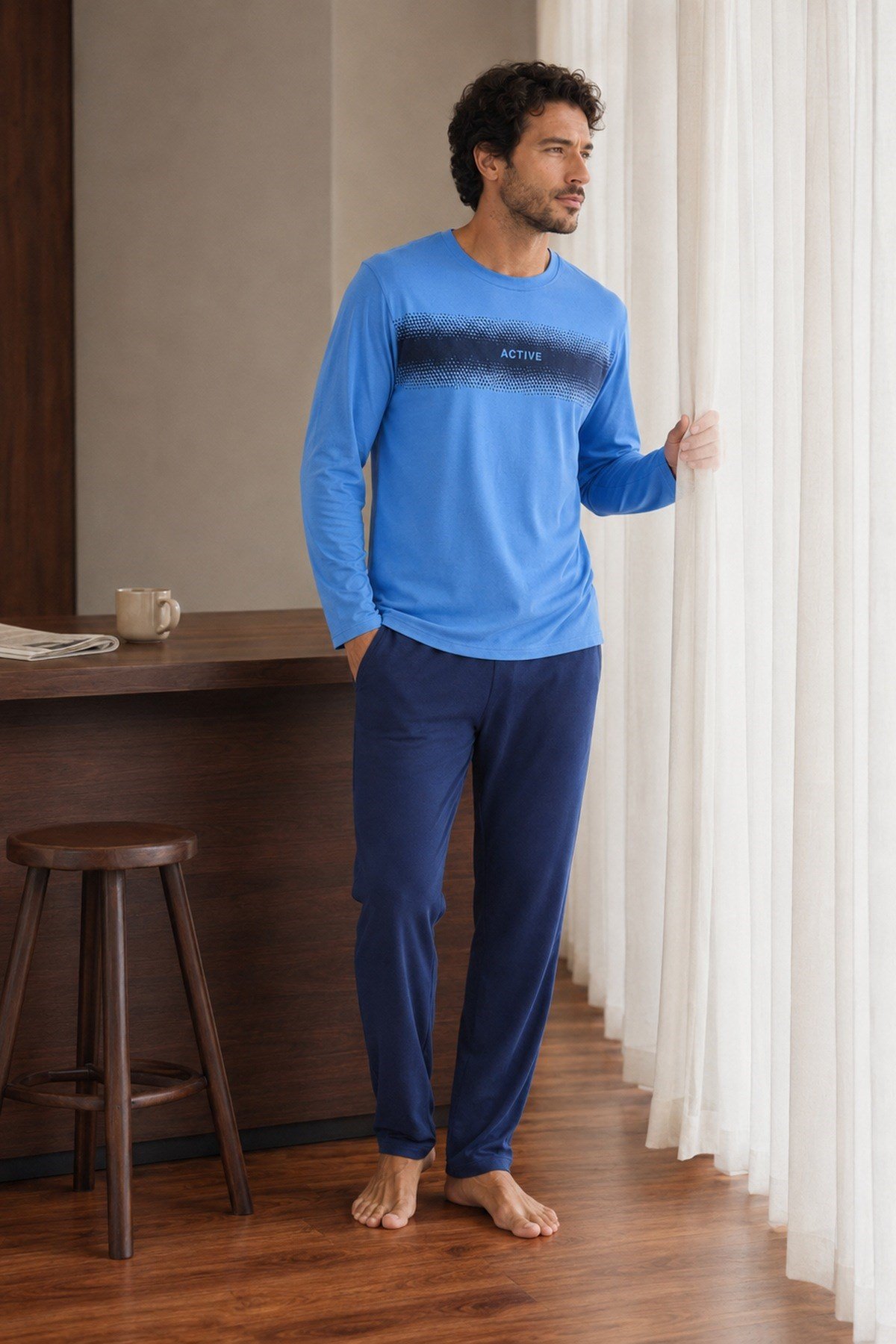 Erkek Uzun Kol %100 Pamuk Pijama Takımı Mavi