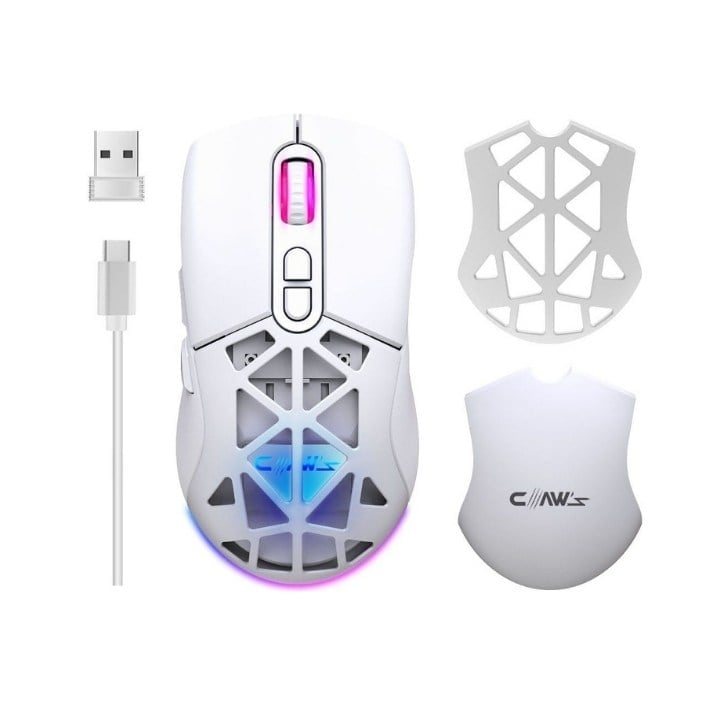 Claw's Nexus Air Pro Kablosuz 24.000 Dpi Pixart PMW3311 Sensör Makro Yazılımlı & Değiştirilebilir Kapaklı RGB Kablosuz Gaming Mouse - Beyaz (2.4 GHz Kablosuz + BT5.1 + Type-C ile Kullanım Desteği)