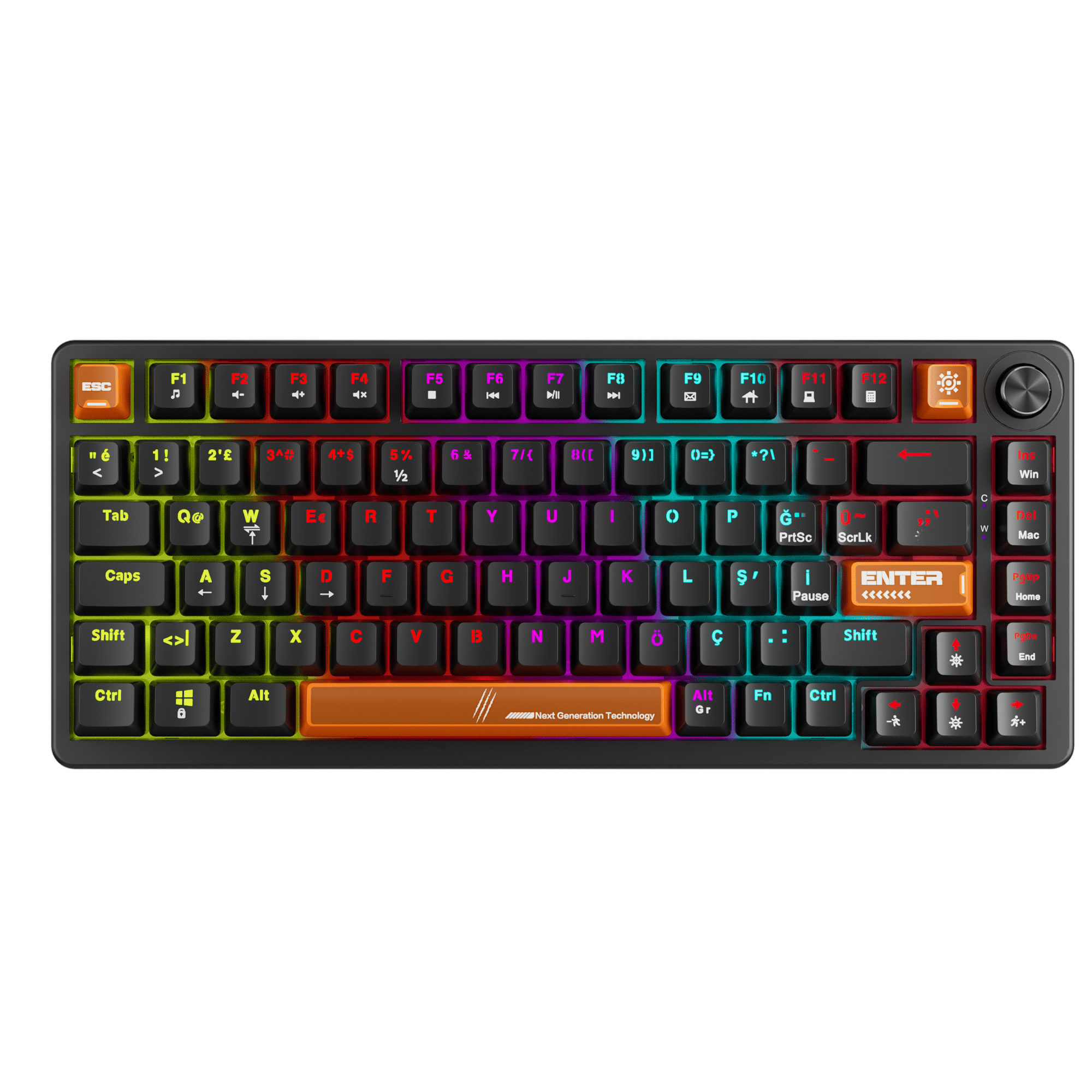 Claw's Pyra %75 Kablolu Mekanik Oyuncu Klavyesi - Çok Fonksiyonlu Ses/Işık Tekerlekli (Knob), Rainbow Aydınlatmalı, Full Anti-Ghosting, 1.6m Örgü Kablolu Windows & Mac Uyumlu Gaming Klavye