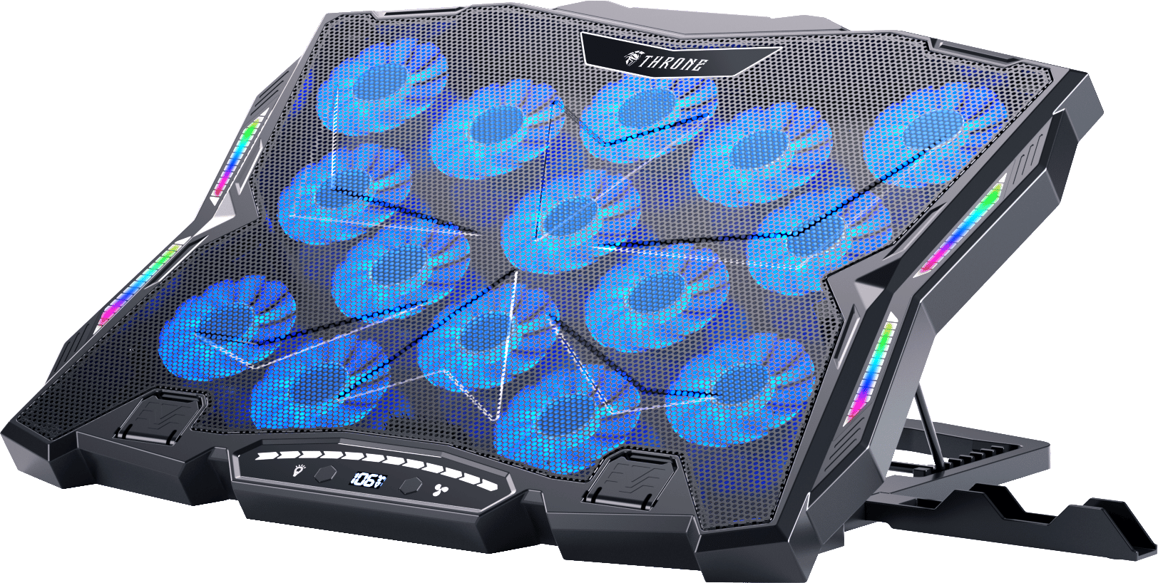 Throne Frost GT15 15x Turbo LED Fan - 10 Modlu RGB - LCD Ekran - Ayarlabilir Fan Hızı & 9 Farklı Stand Yükseklik Kademesi – 2x USB - Metal Mesh Zemin Notebook Soğutucu - Siyah (9