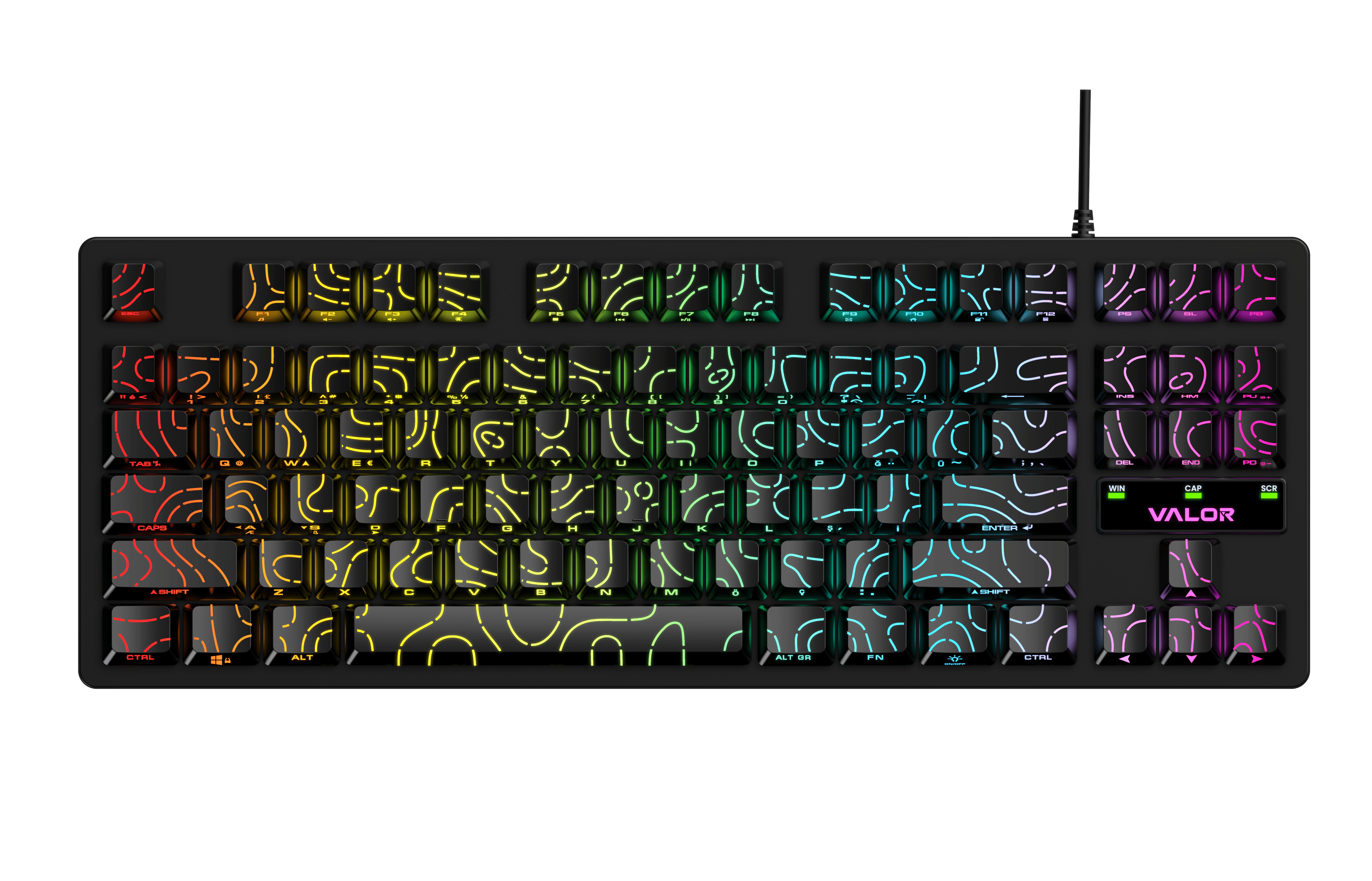 Valor Terrain-X Flow Kablolu Oyuncu Klavyesi - 87 Tuşlu Kompakt TKL Düzen, Göz Alıcı Yan Baskılı (Side-Printed) Tuşlar, Rainbow Aydınlatmalı Türkçe + İngilizce Hibrit Klavye - GS1630