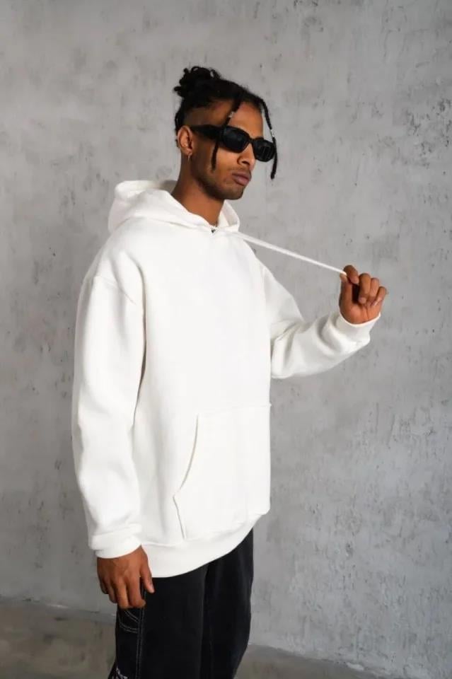 3 İplik Kapşonlu Sweatshirt Hoodie - Beyaz