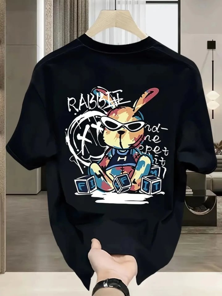 Baskılı Oversize Bisiklet Yaka T-shirt - Siyah