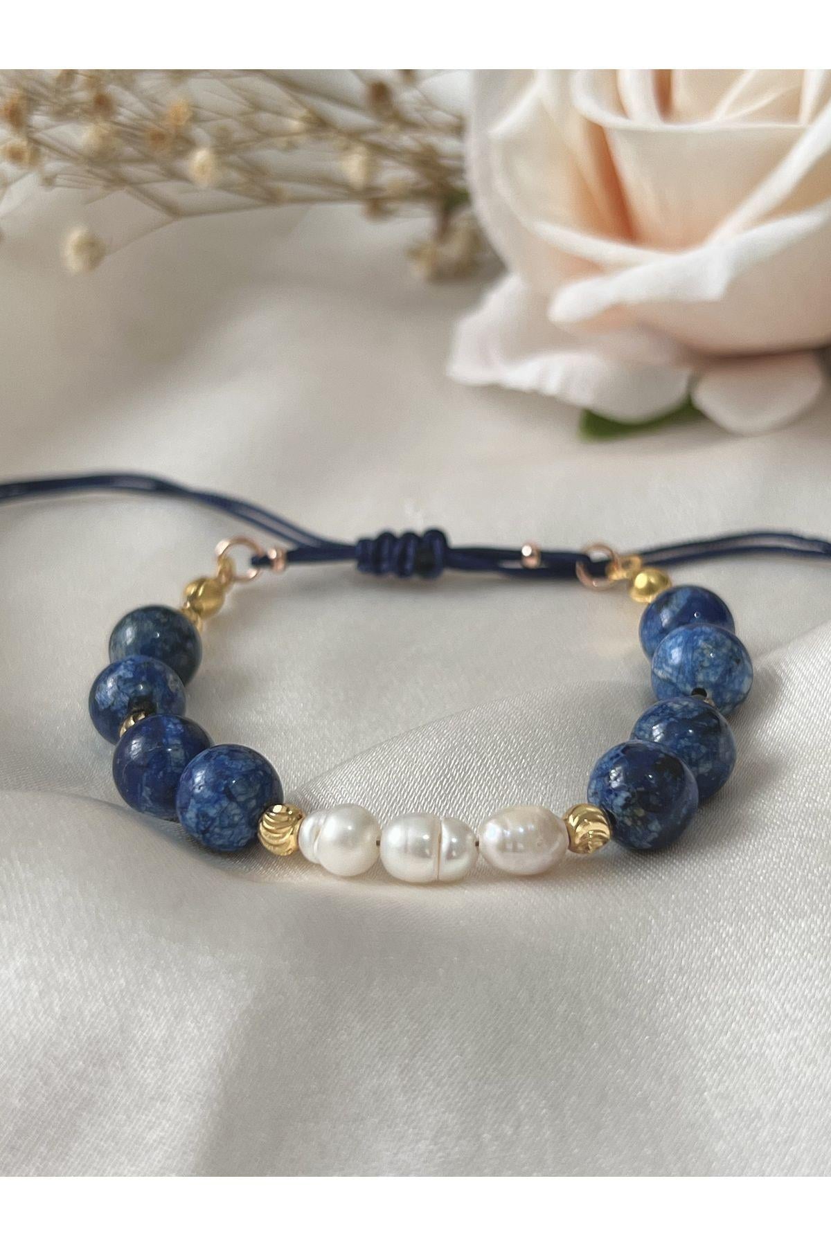Sertifikalı Doğal Taş Gerçek Inci, Gerçek Lapis Lazuli Mavi Bilezik