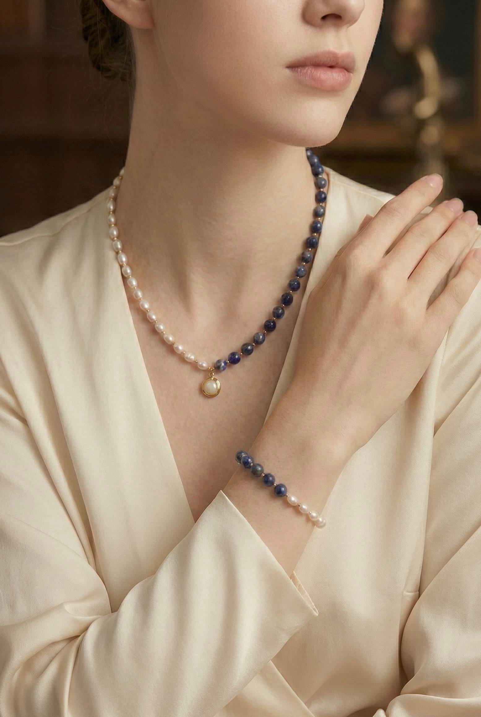 Sertifikalı Gerçek Inci Lapis Lazuli  bileklik set, Inci Ve Lapis Taşlı set, Gerçek Inci
